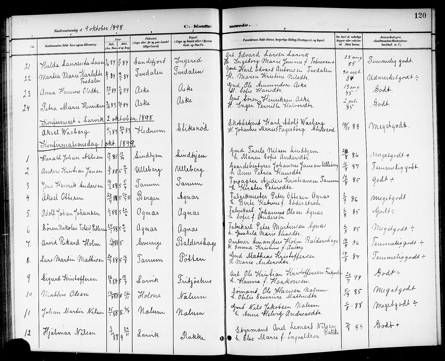 Brunlanes kirkebøker, AV/SAKO-A-342/G/Ga/L0004: Parish register (copy) no. I 4, 1898-1921, p. 120