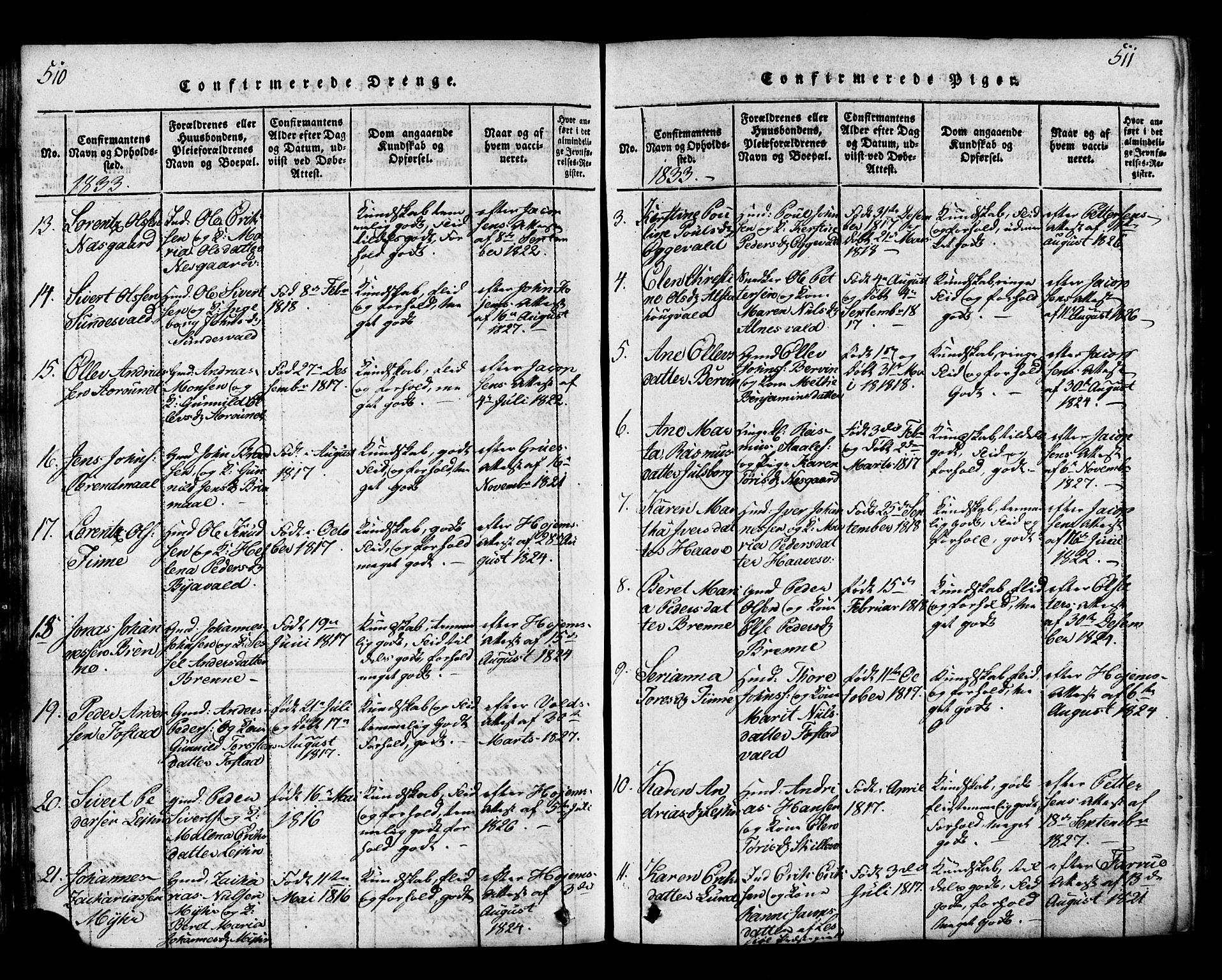 Ministerialprotokoller, klokkerbøker og fødselsregistre - Nord-Trøndelag, AV/SAT-A-1458/717/L0169: Parish register (copy) no. 717C01, 1816-1834, p. 510-511