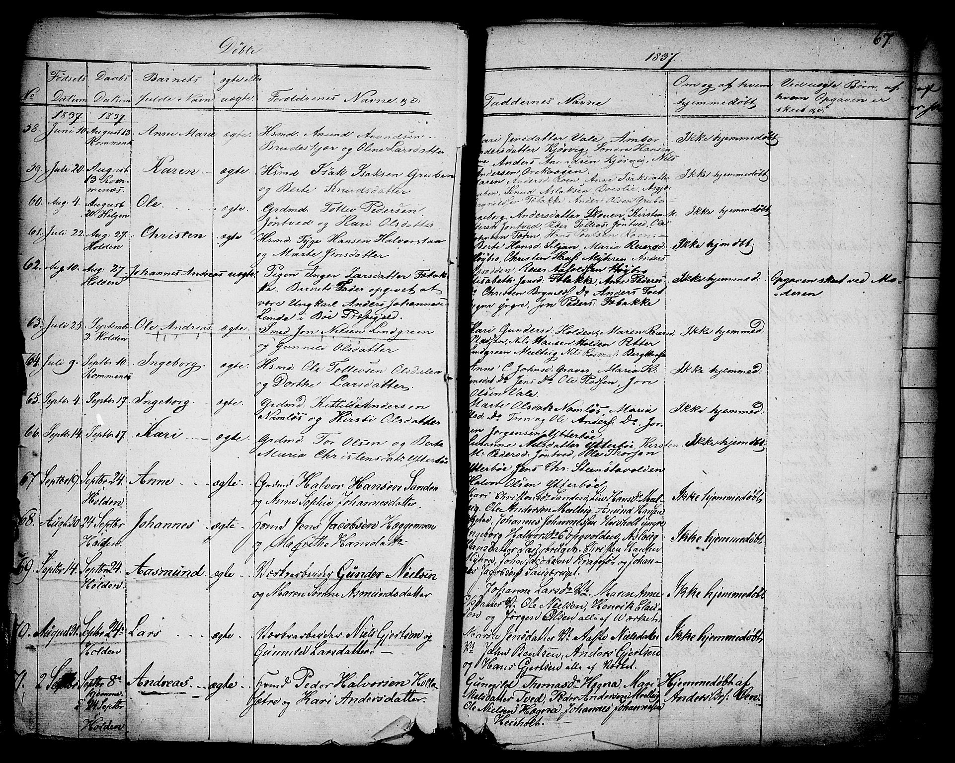 Holla kirkebøker, AV/SAKO-A-272/F/Fa/L0004: Parish register (official) no. 4, 1830-1848, p. 67