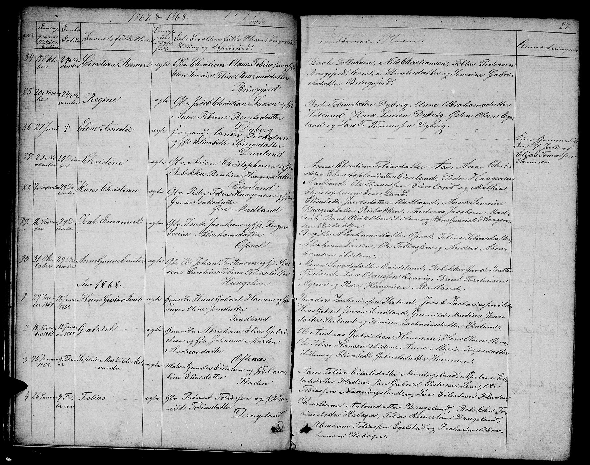 Lyngdal sokneprestkontor, SAK/1111-0029/F/Fb/Fbc/L0003: Parish register (copy) no. B 3, 1865-1878, p. 27