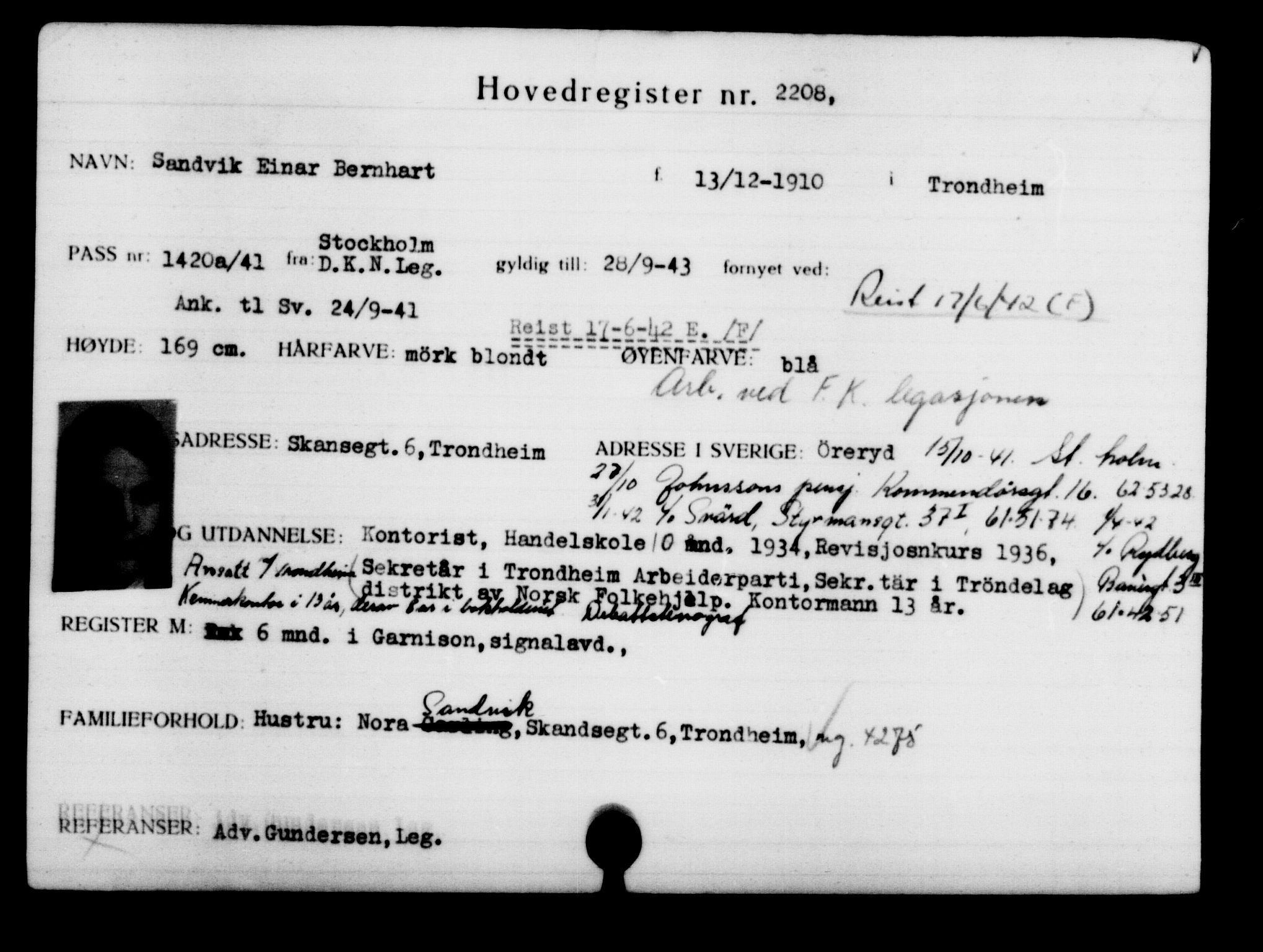 Utenriksstasjonene, Legasjonen i Stockholm, Flyktningkontoret, AV/RA-S-6753/V/Va/L0003: Kjesäterkartoteket, flyktninger med registreringsnr. 2001-3495, 1940-1945, p. 289