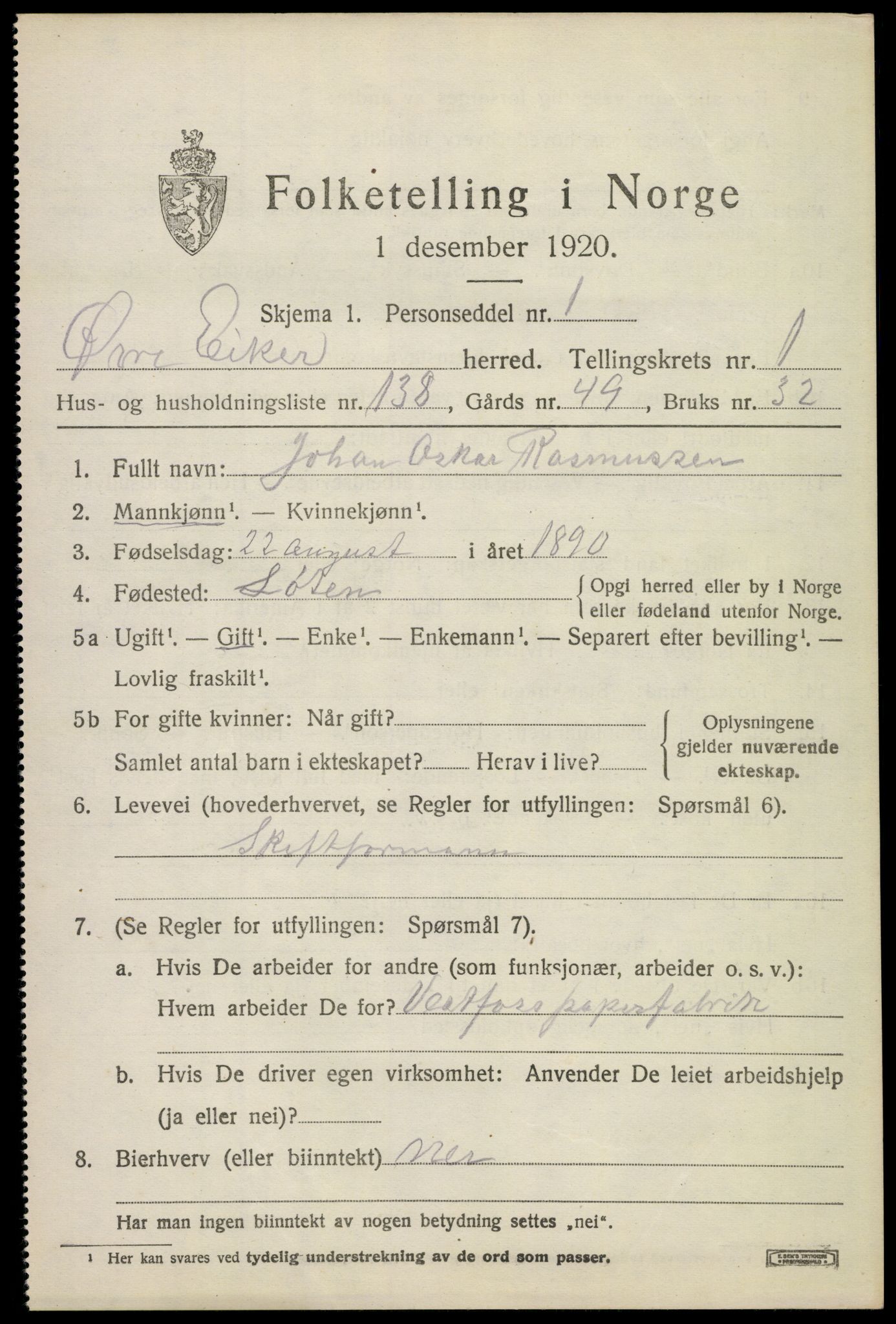 SAKO, 1920 census for Øvre Eiker, 1920, p. 5574