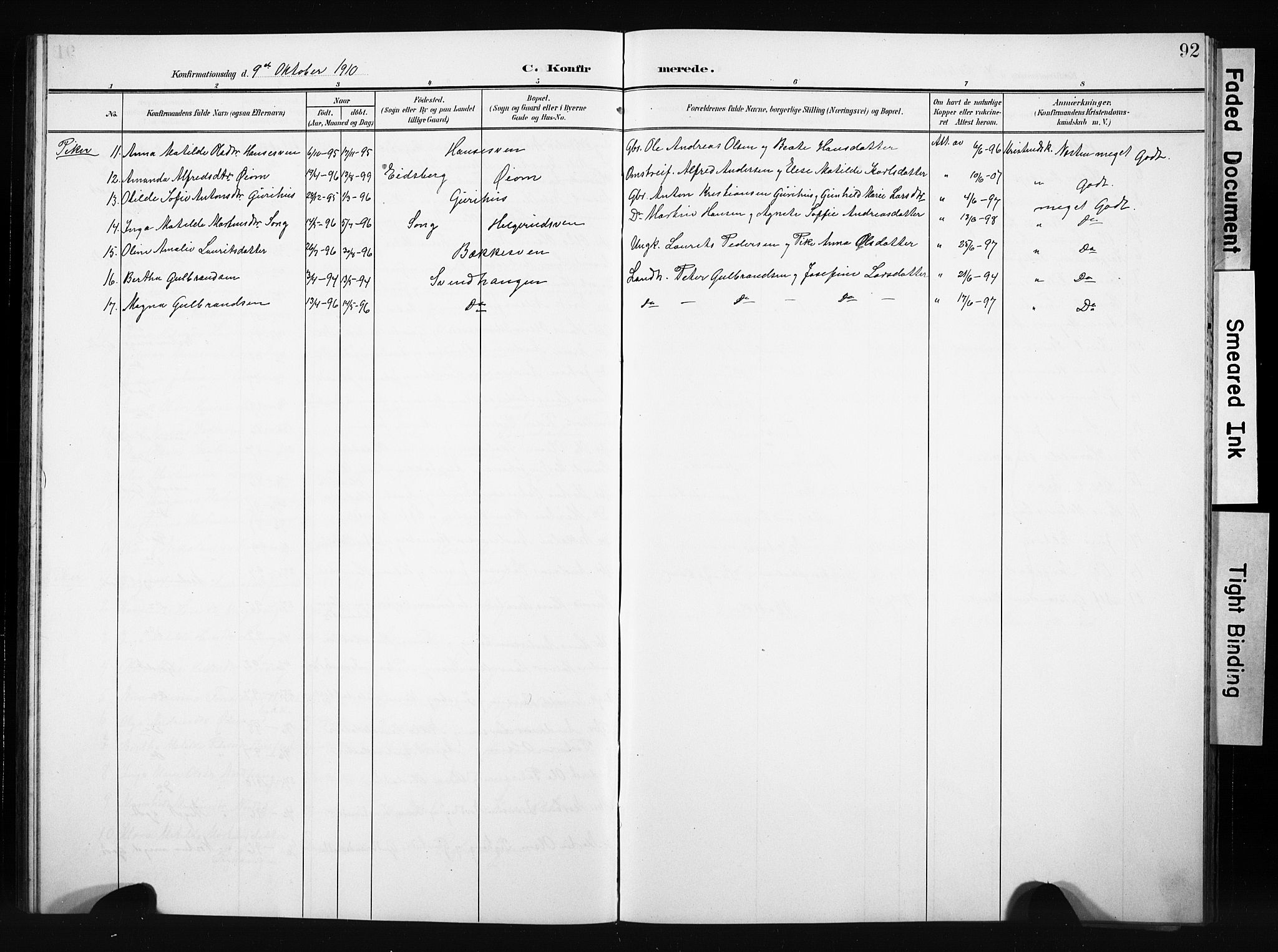 Nordre Land prestekontor, SAH/PREST-124/H/Ha/Hab/L0006: Parish register (copy) no. 6, 1905-1929, p. 92