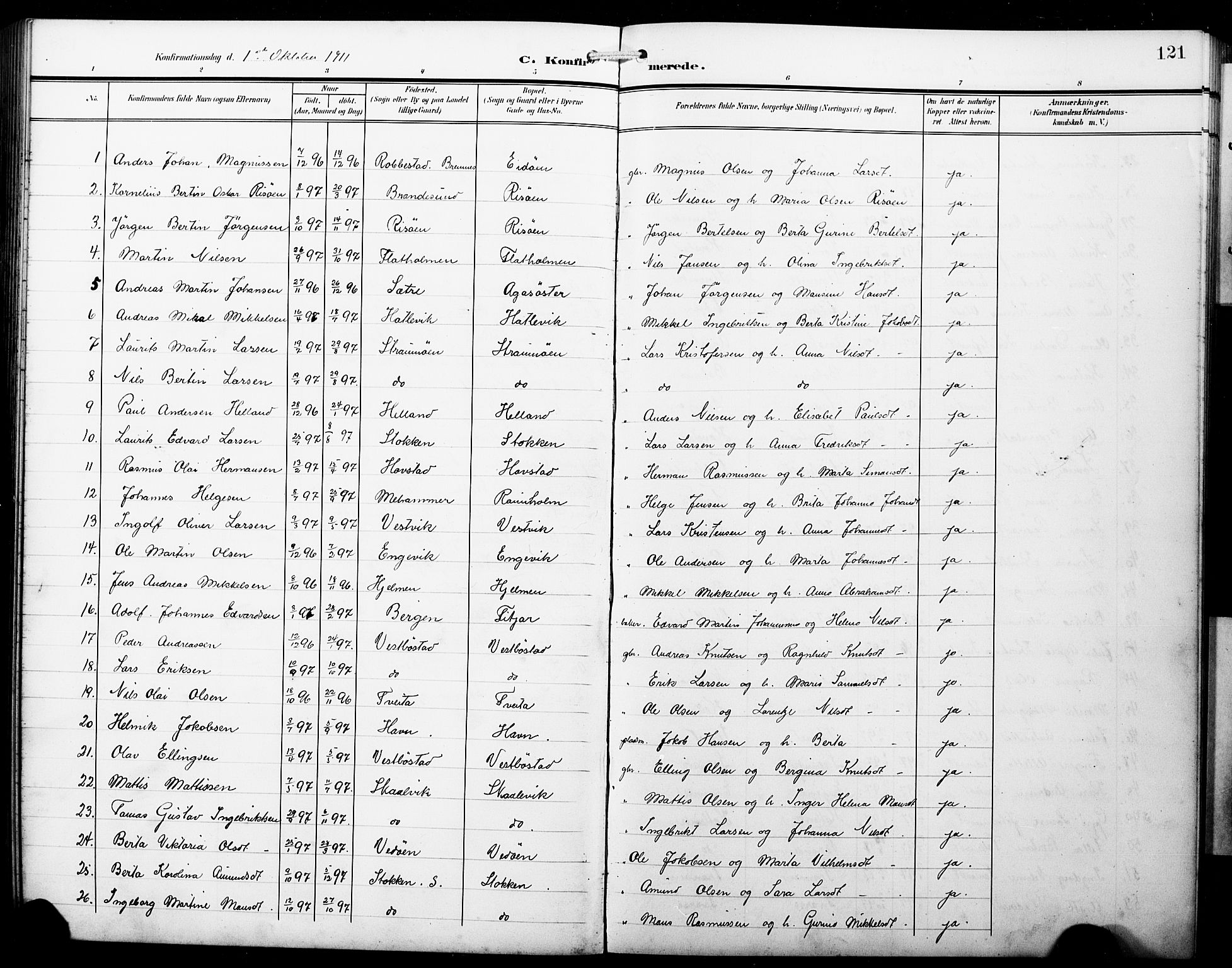 Fitjar sokneprestembete, AV/SAB-A-99926: Parish register (copy) no. B 1, 1906-1928, p. 121