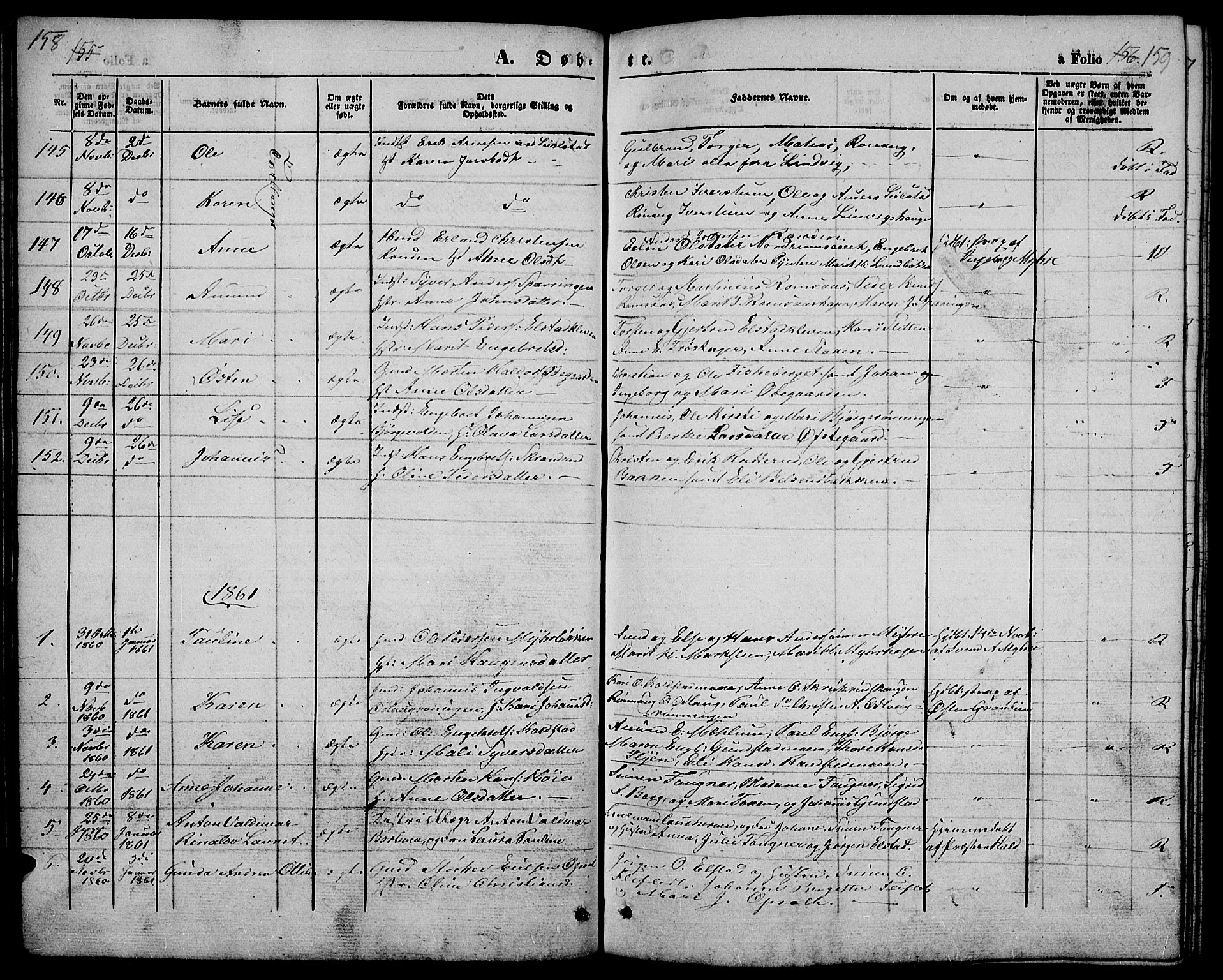 Ringebu prestekontor, SAH/PREST-082/H/Ha/Hab/L0003: Parish register (copy) no. 3, 1854-1866, p. 158-159
