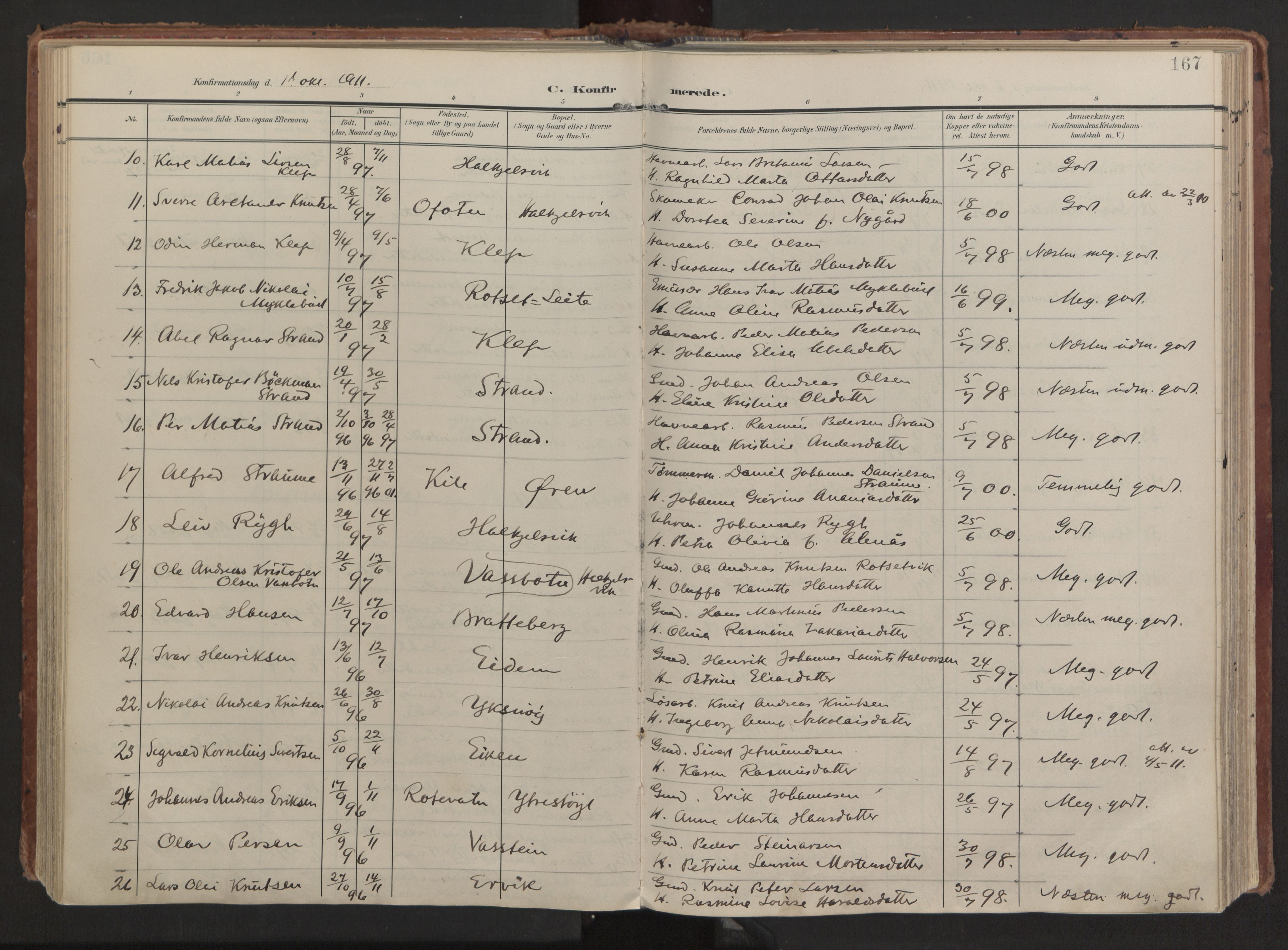 Ministerialprotokoller, klokkerbøker og fødselsregistre - Møre og Romsdal, AV/SAT-A-1454/511/L0144: Parish register (official) no. 511A11, 1906-1923, p. 167