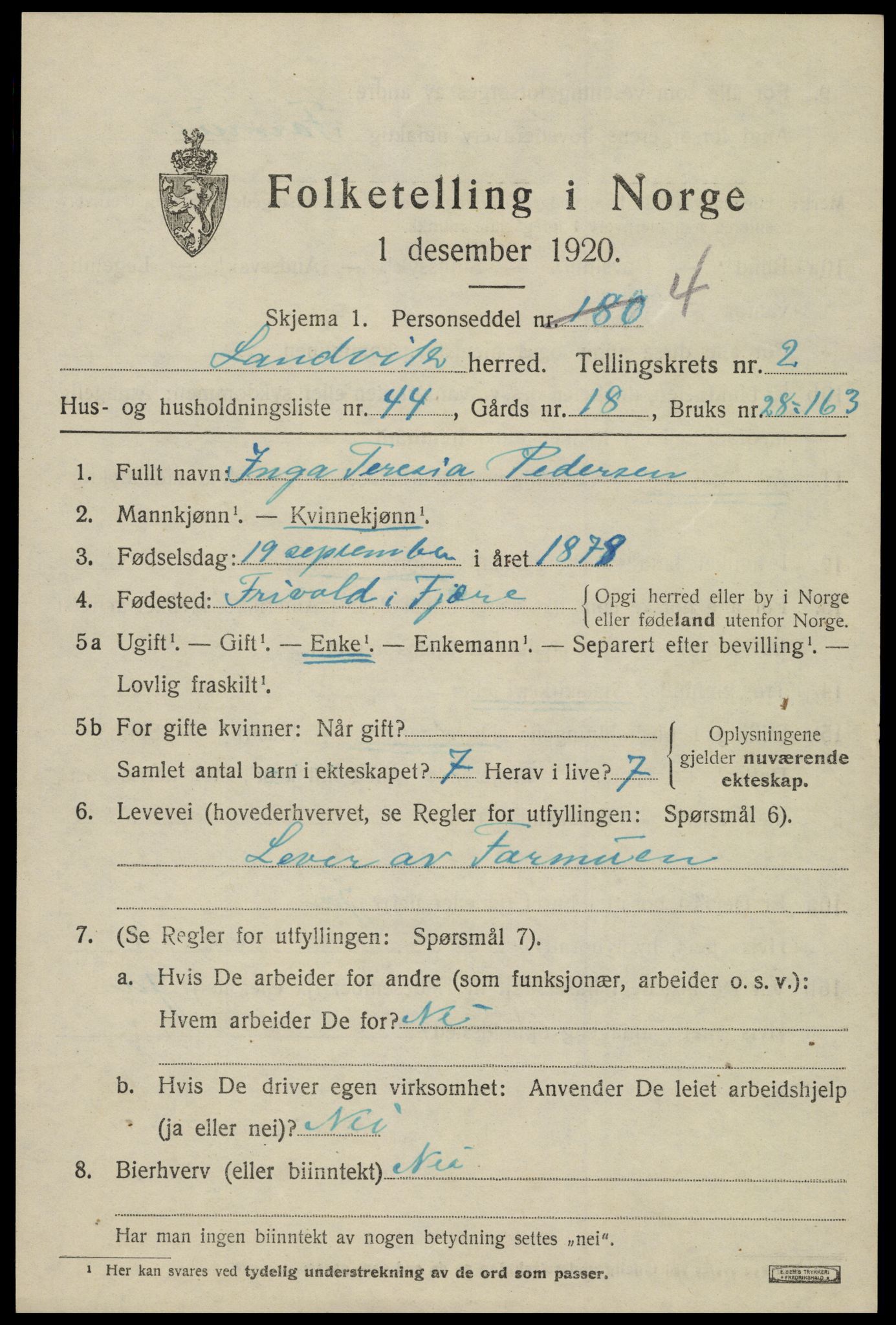 SAK, 1920 census for Landvik, 1920, p. 2126