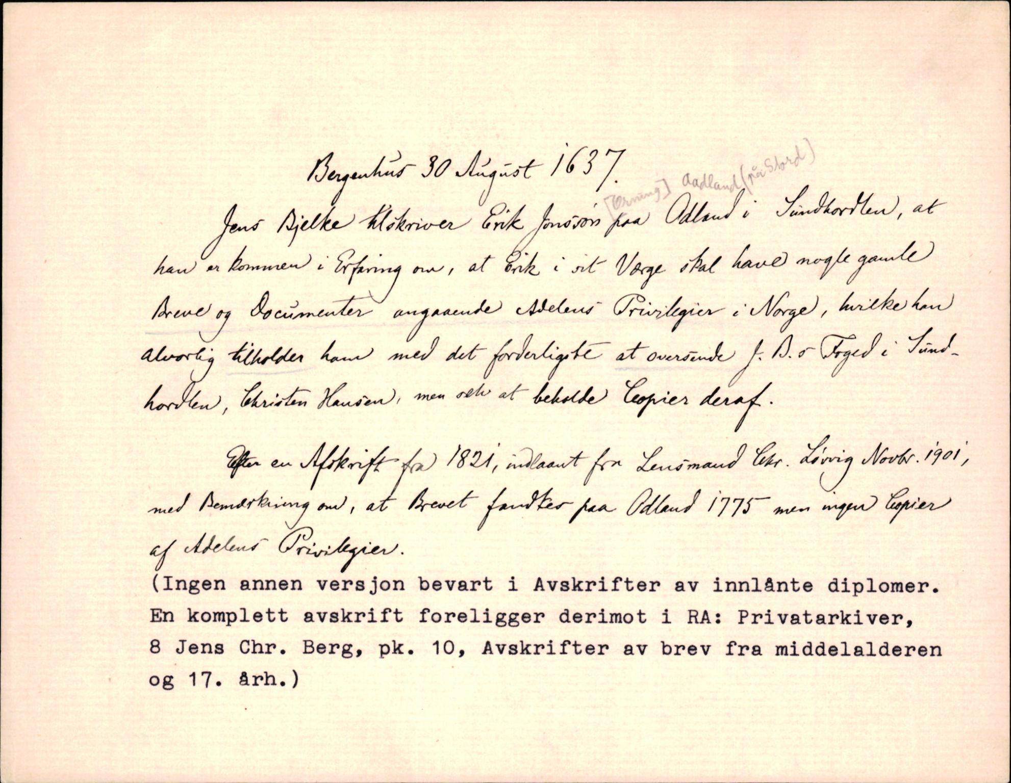 Riksarkivets diplomsamling, AV/RA-EA-5965/F35/F35d/L0003: Innlånte diplomer, seddelregister, 1621-1642, p. 587