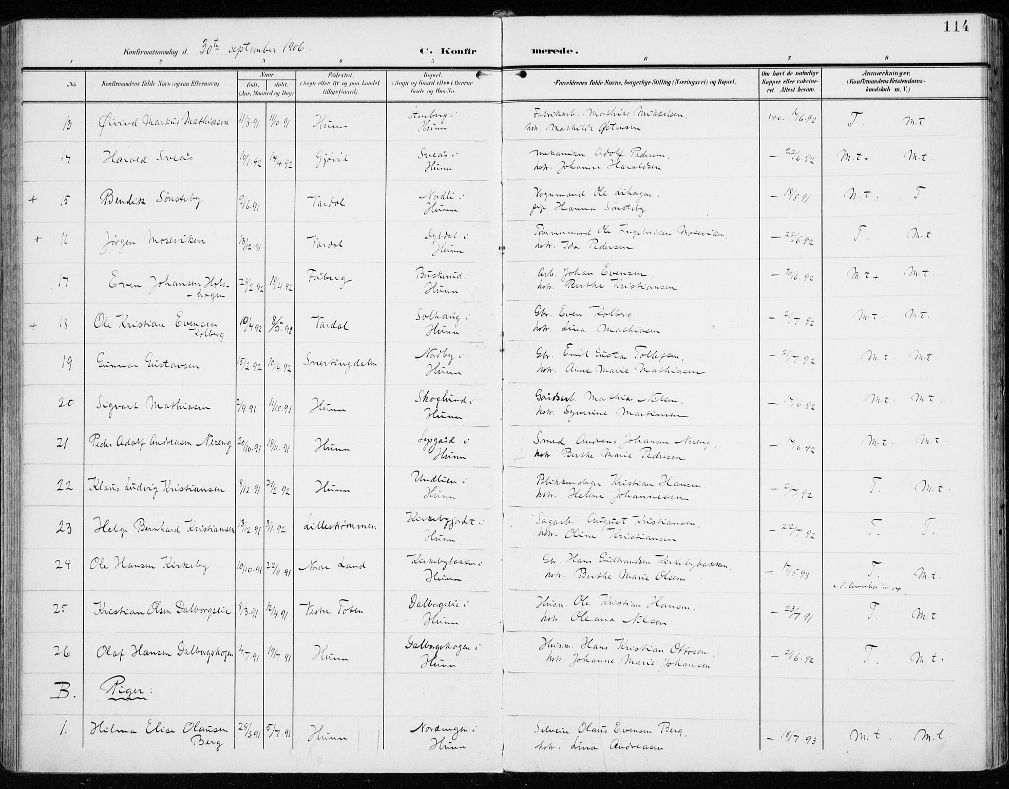 Vardal prestekontor, AV/SAH-PREST-100/H/Ha/Haa/L0016: Parish register (official) no. 16, 1904-1916, p. 114