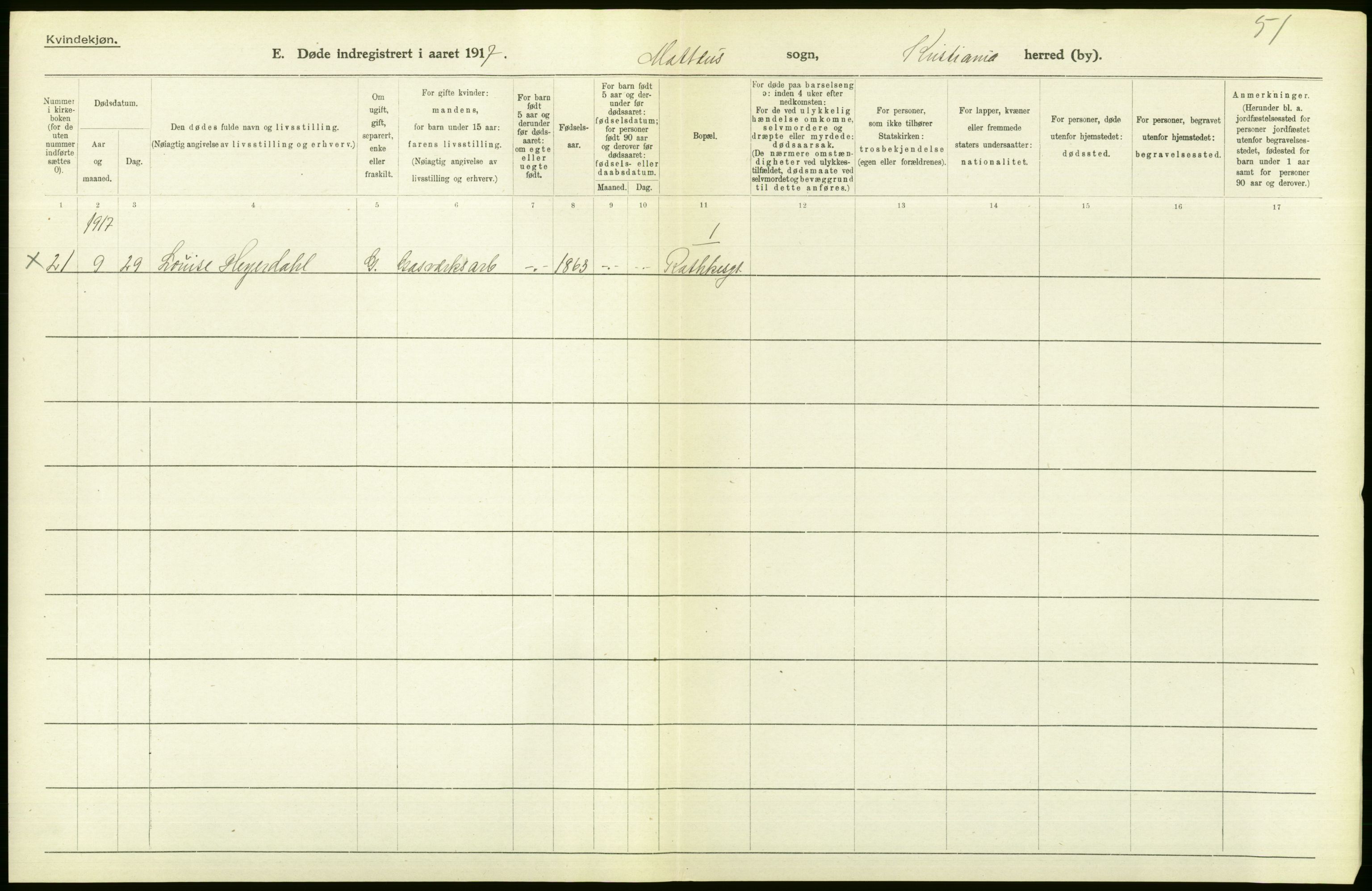 Statistisk sentralbyrå, Sosiodemografiske emner, Befolkning, AV/RA-S-2228/D/Df/Dfb/Dfbg/L0010: Kristiania: Døde, 1917, p. 178