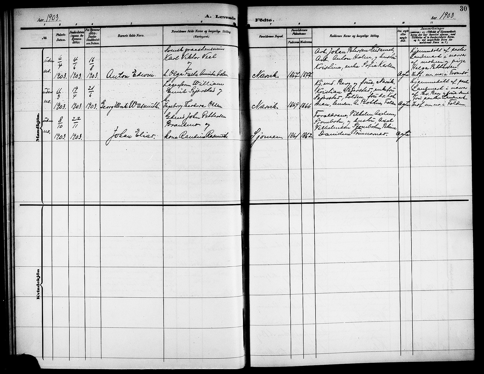 Ministerialprotokoller, klokkerbøker og fødselsregistre - Nordland, AV/SAT-A-1459/871/L1012: Parish register (copy) no. 871C01, 1902-1909, p. 30