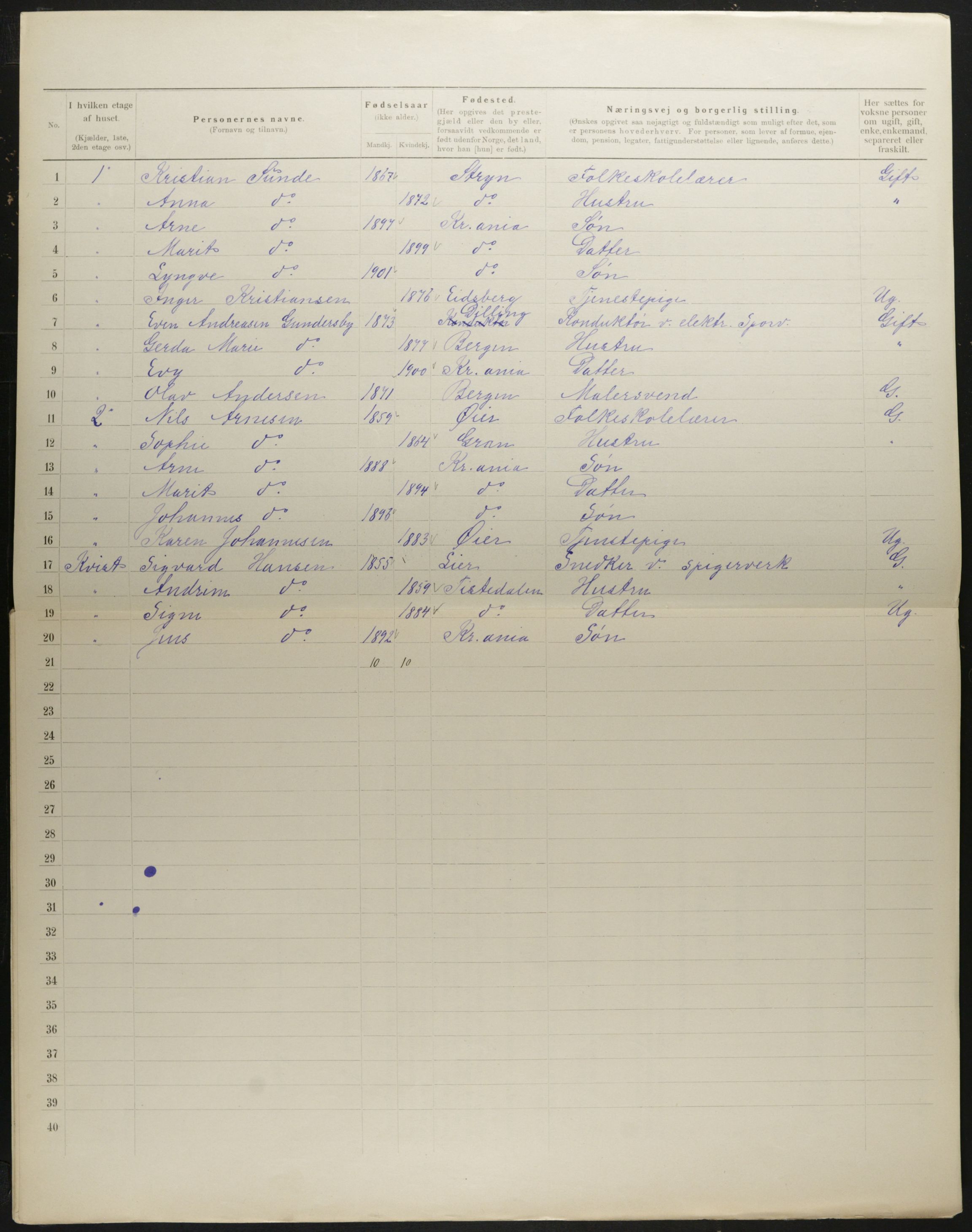 OBA, Municipal Census 1901 for Kristiania, 1901, p. 1074