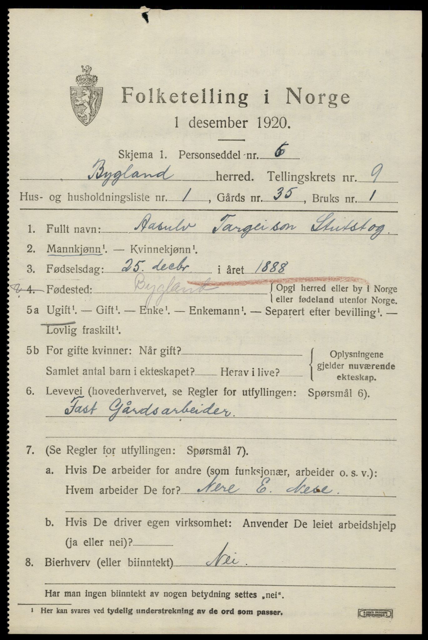 SAK, 1920 census for Bygland, 1920, p. 3099