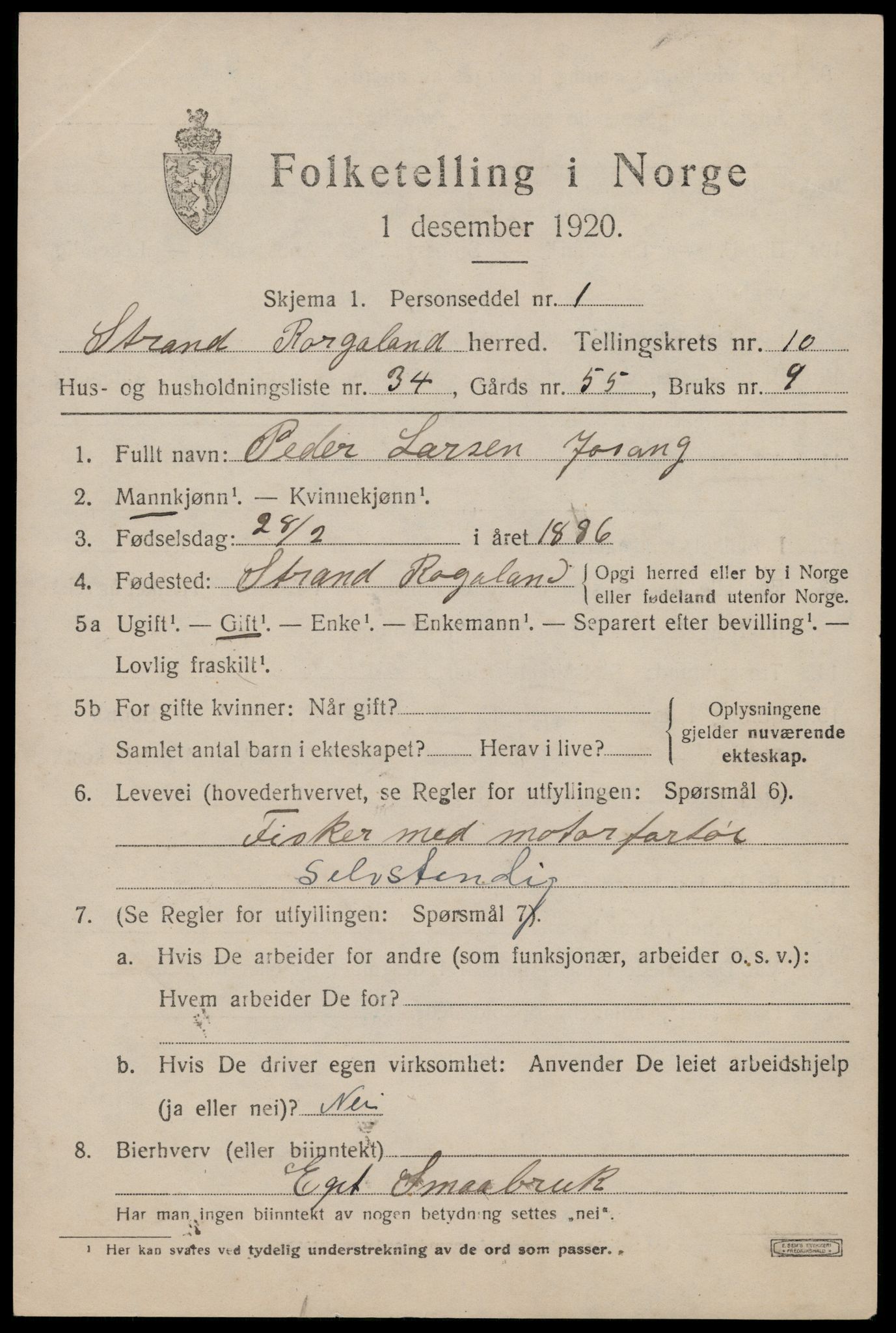 SAST, 1920 census for Strand, 1920, p. 7029