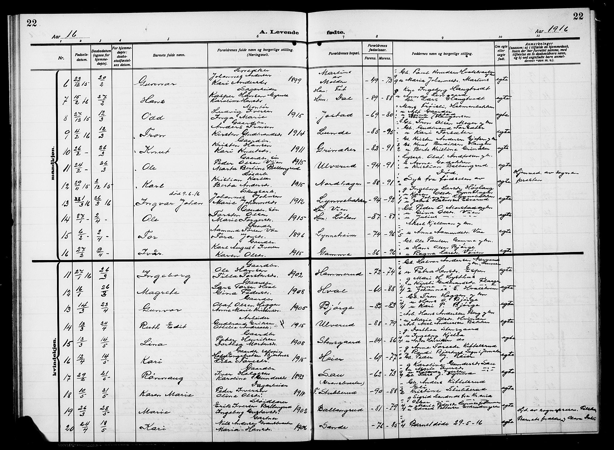 Gran prestekontor, AV/SAH-PREST-112/H/Ha/Hab/L0007: Parish register (copy) no. 7, 1912-1917, p. 22