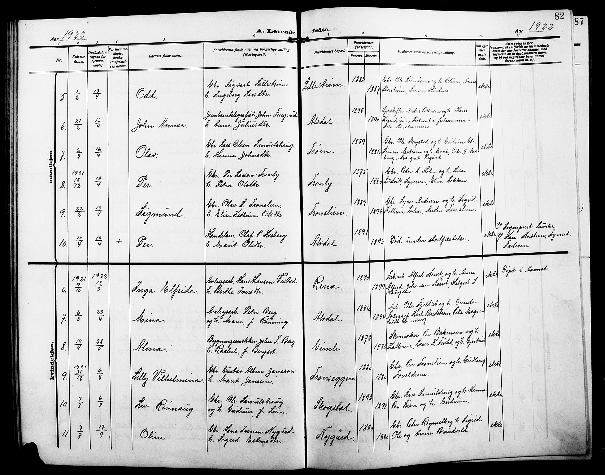 Alvdal prestekontor, AV/SAH-PREST-060/H/Ha/Hab/L0005: Parish register (copy) no. 5, 1908-1923, p. 82