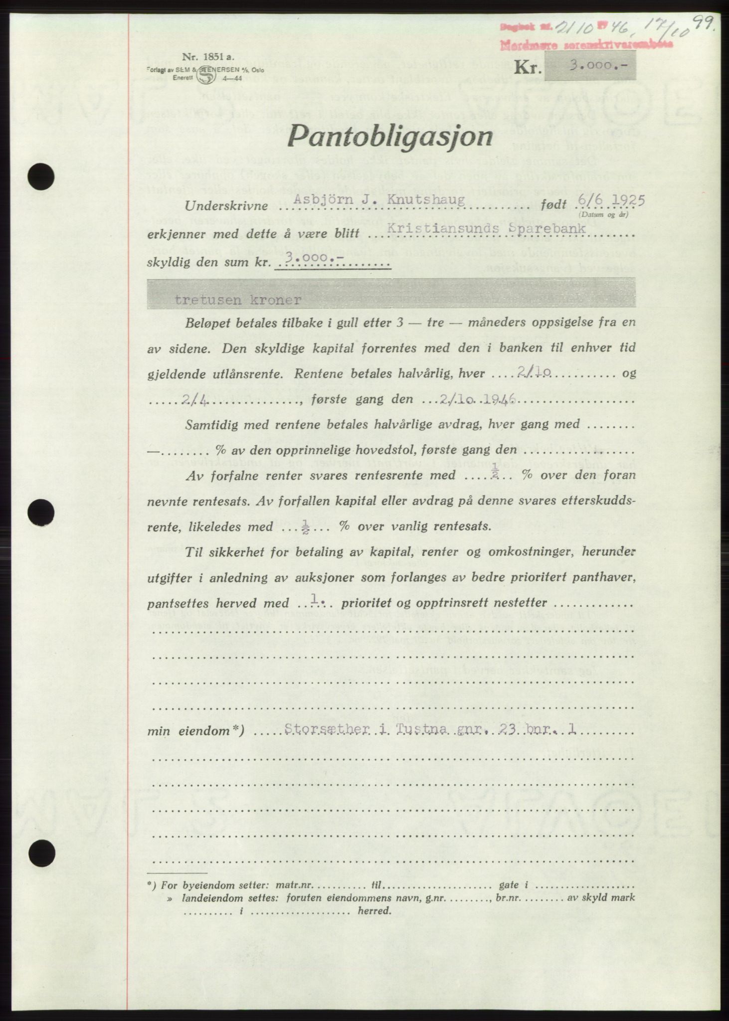 Nordmøre sorenskriveri, AV/SAT-A-4132/1/2/2Ca: Mortgage book no. B95, 1946-1947, Diary no: : 2110/1946