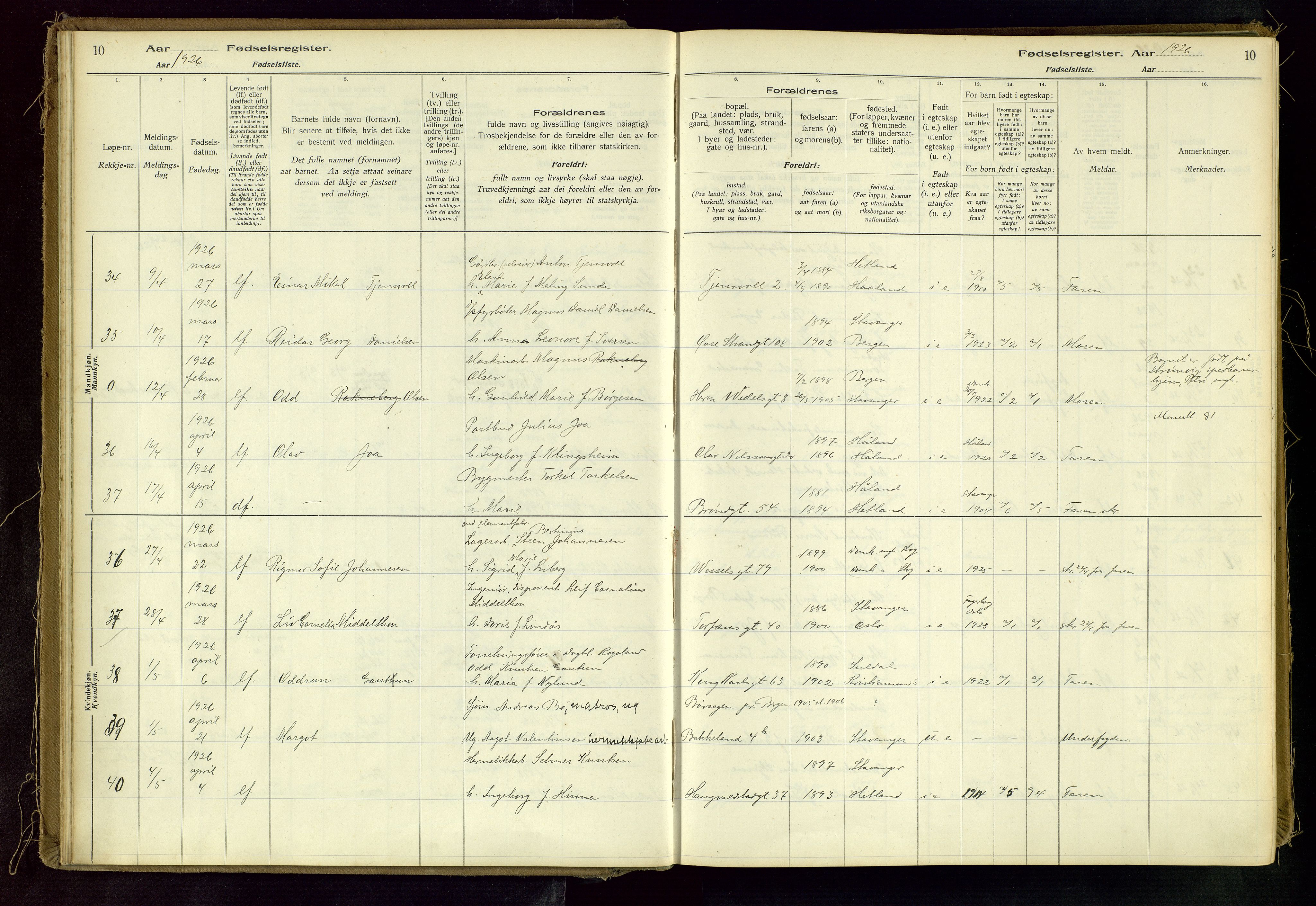 Domkirken sokneprestkontor, AV/SAST-A-101812/002/A/L0001: Birth register no. 1, 1925-1932, p. 10