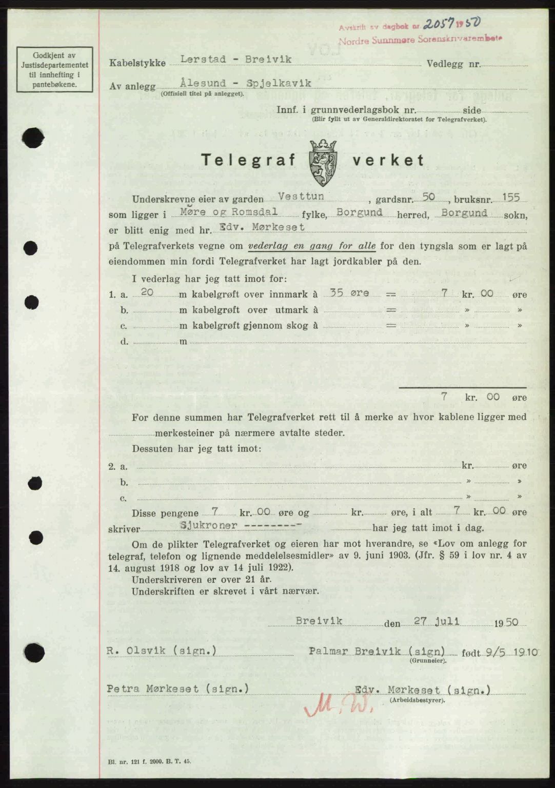 Nordre Sunnmøre sorenskriveri, AV/SAT-A-0006/1/2/2C/2Ca: Mortgage book no. A35, 1950-1950, Diary no: : 2057/1950