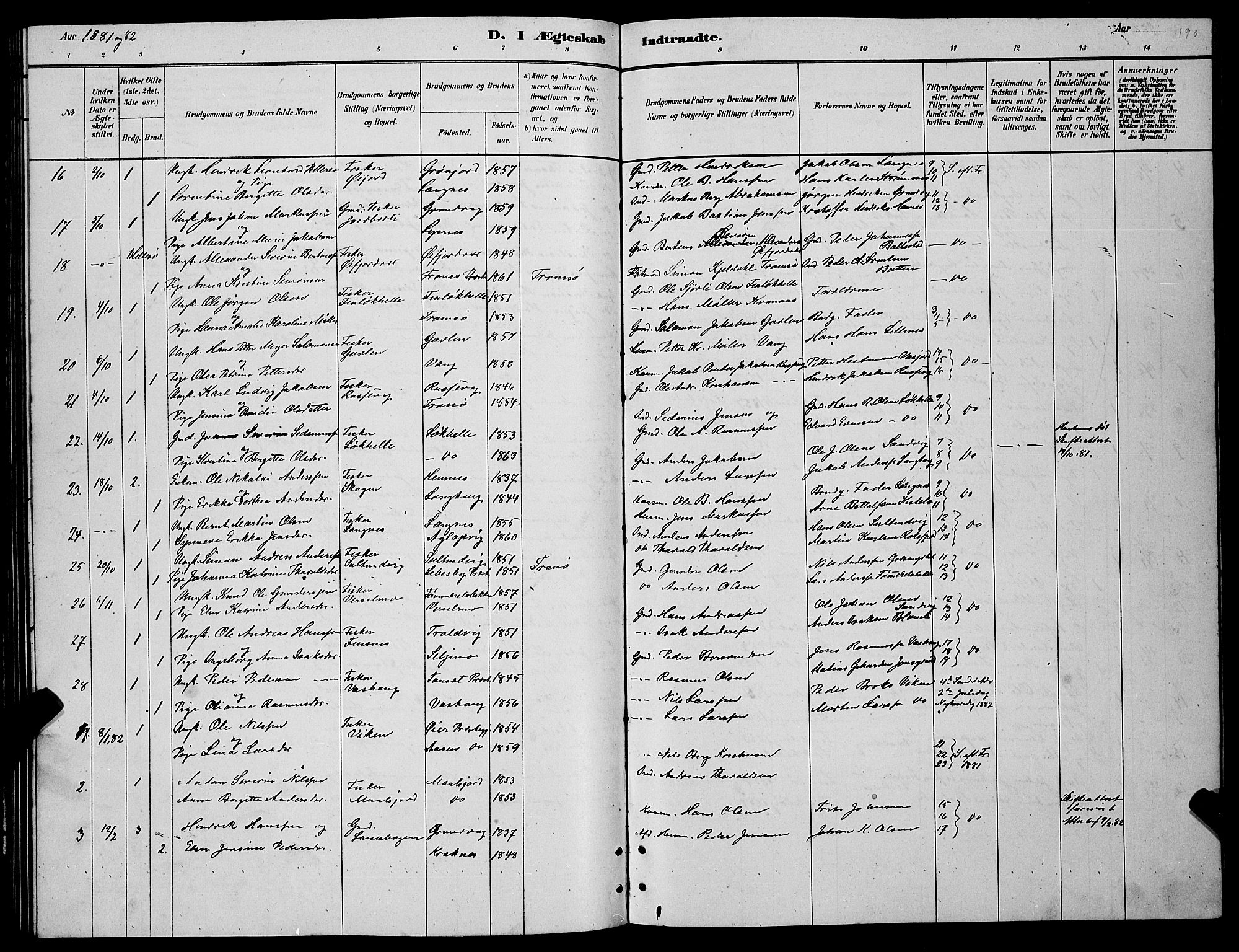 Lenvik sokneprestembete, SATØ/S-1310/H/Ha/Hab/L0006klokker: Parish register (copy) no. 6, 1881-1889, p. 190