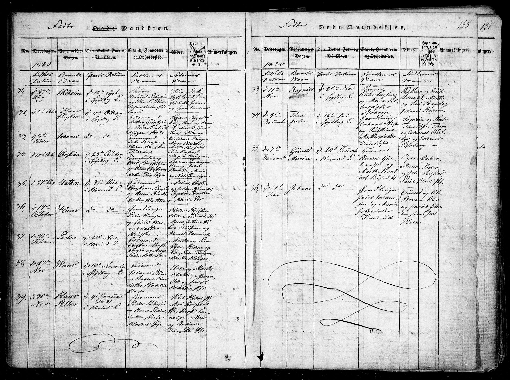 Spydeberg prestekontor Kirkebøker, AV/SAO-A-10924/G/Ga/L0001: Parish register (copy) no. I 1, 1814-1868, p. 155