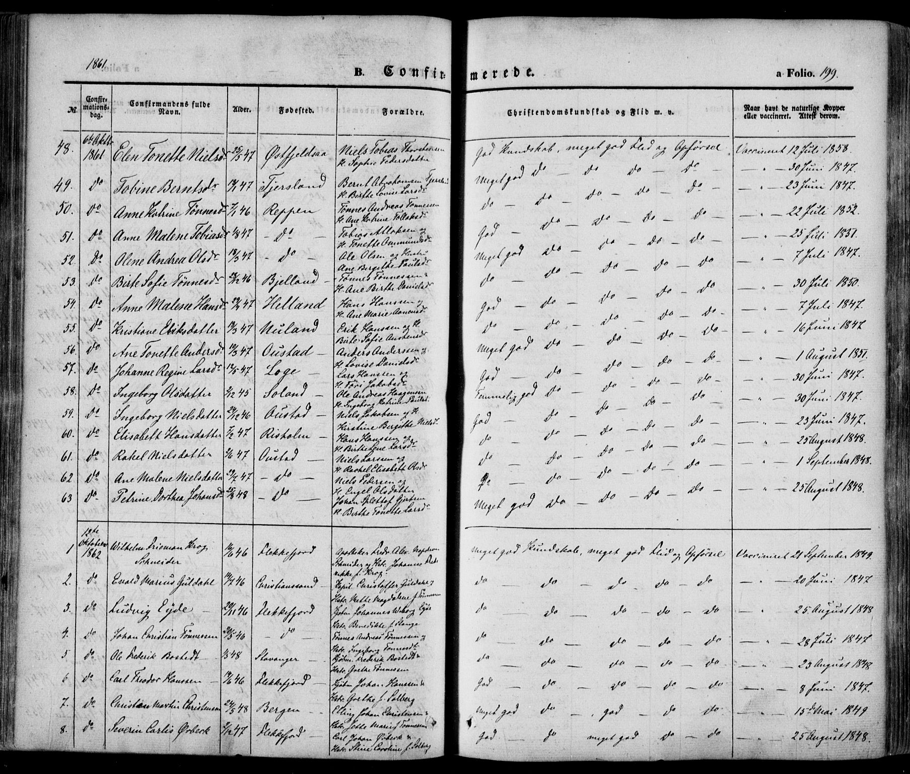 Flekkefjord sokneprestkontor, AV/SAK-1111-0012/F/Fa/Fac/L0005: Parish register (official) no. A 5, 1849-1875, p. 199