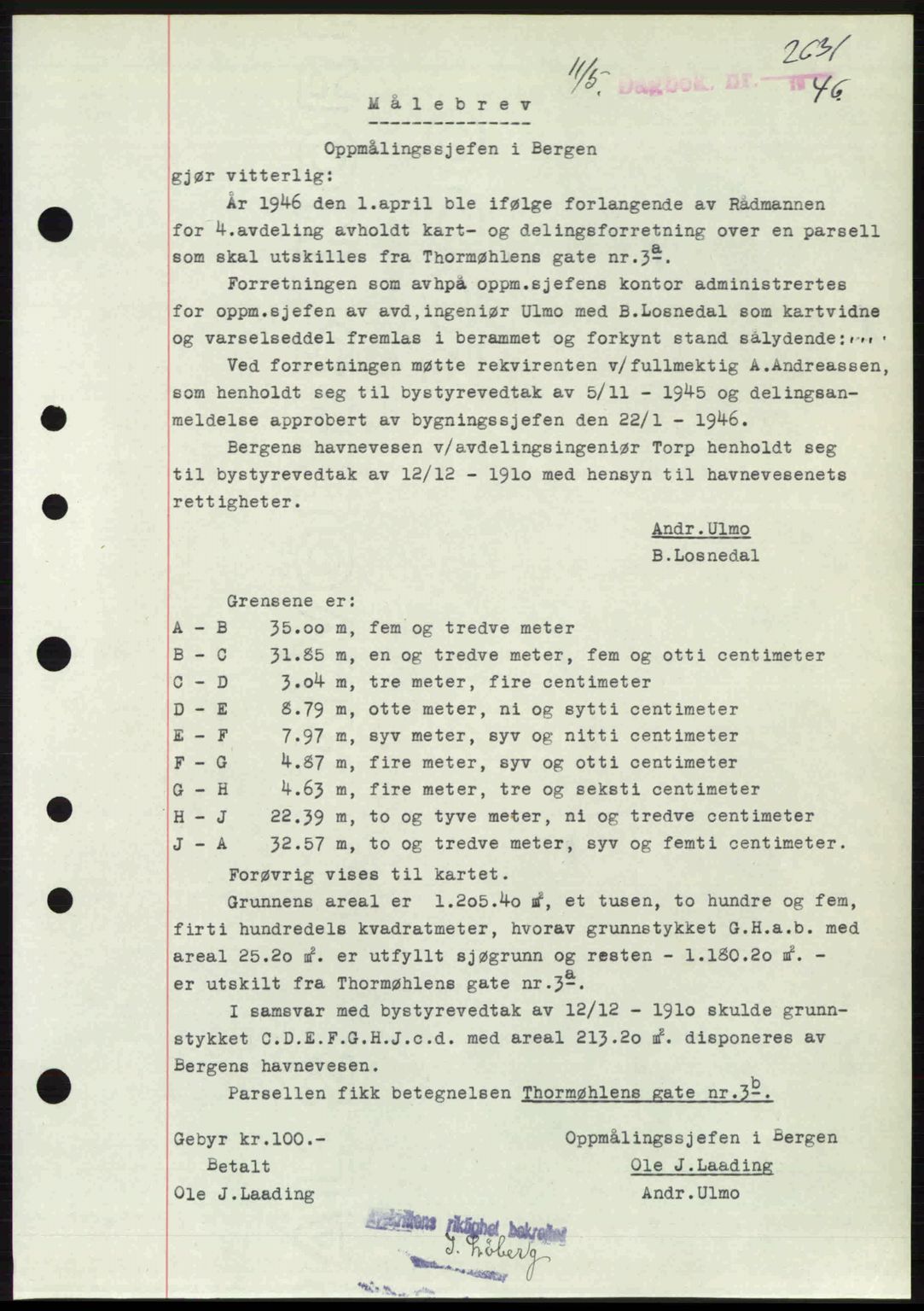 Byfogd og Byskriver i Bergen, SAB/A-3401/03/03Bc/L0022: Mortgage book no. A18, 1946-1946, Diary no: : 2631/1946
