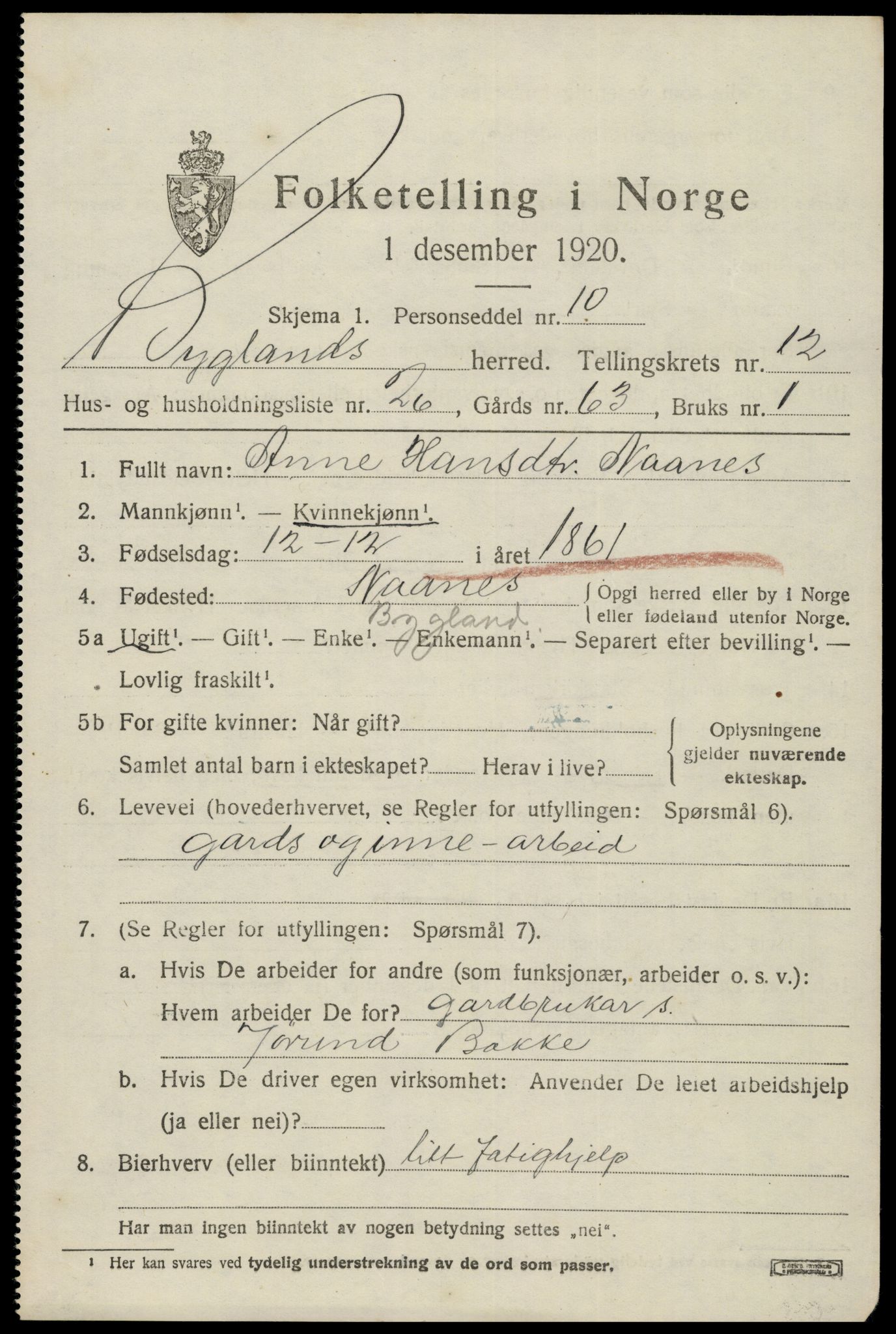 SAK, 1920 census for Bygland, 1920, p. 5255