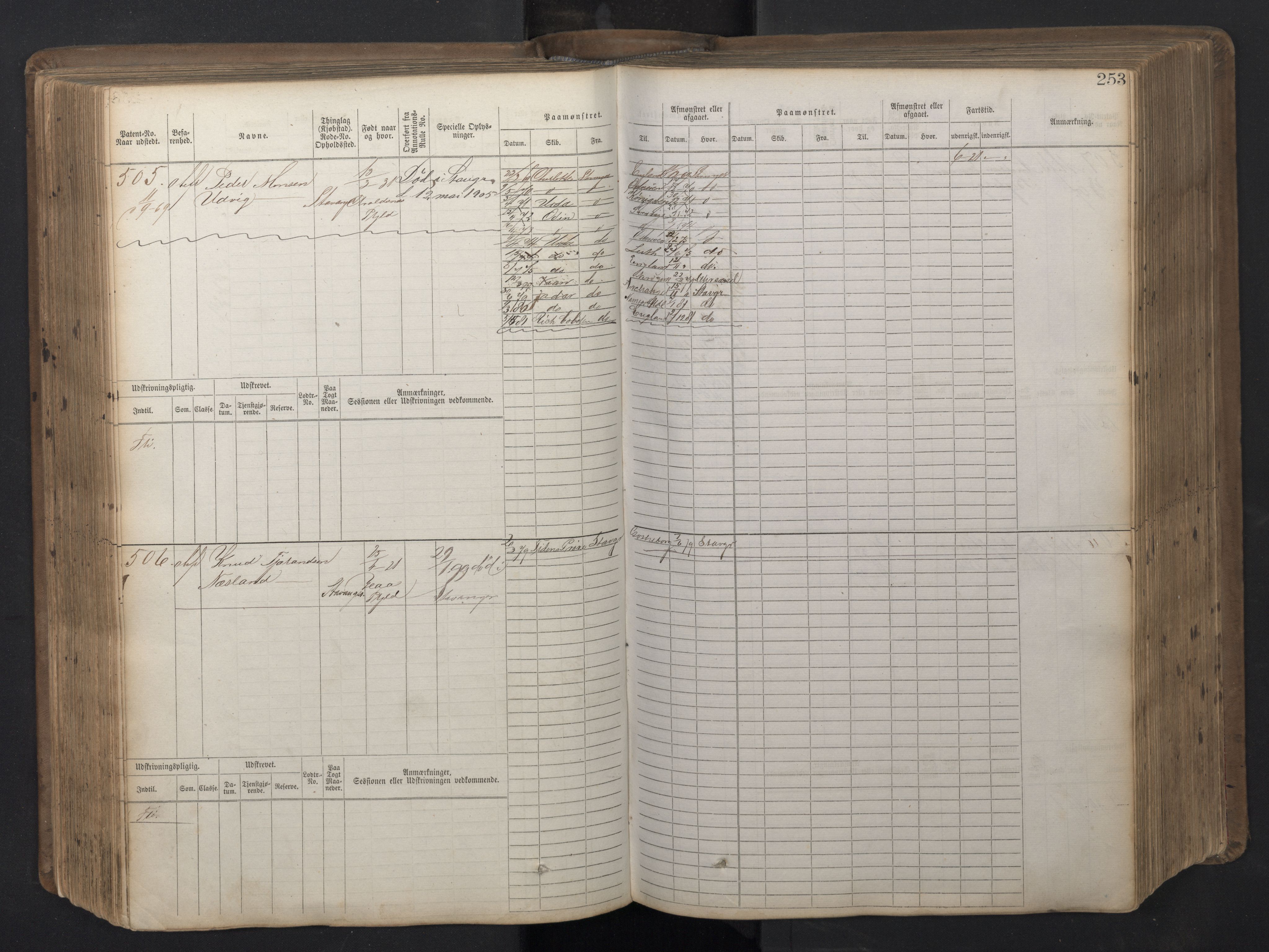 Stavanger sjømannskontor, AV/SAST-A-102006/F/Fb/Fbb/L0016: Sjøfartshovedrulle patnentnr. 1-1202 (dublett), 1869, p. 253