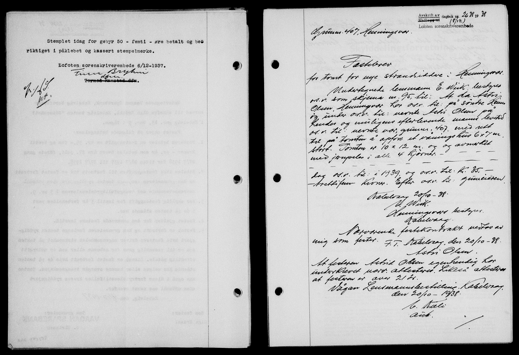 Lofoten sorenskriveri, SAT/A-0017/1/2/2C/L0005a: Mortgage book no. 5a, 1939-1939, Diary no: : 2638/1938