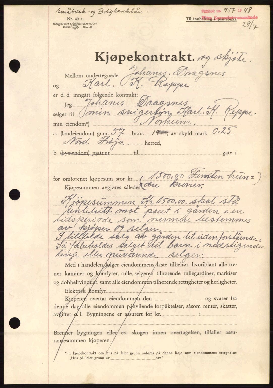 Hitra sorenskriveri, AV/SAT-A-0018/2/2C/2Ca: Mortgage book no. A5, 1947-1948, Diary no: : 957/1948