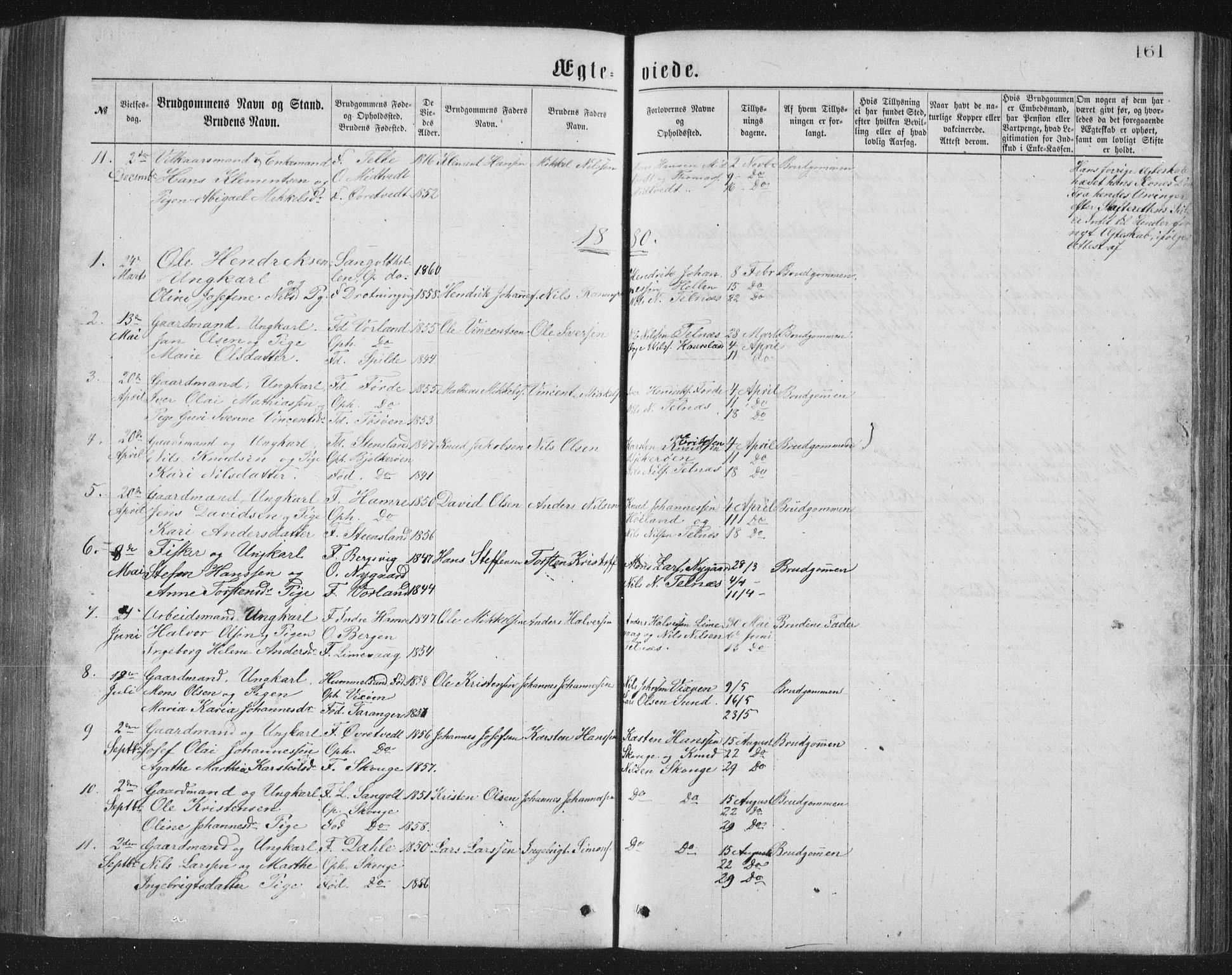 Sund sokneprestembete, SAB/A-99930: Parish register (copy) no. B 2, 1874-1881, p. 161