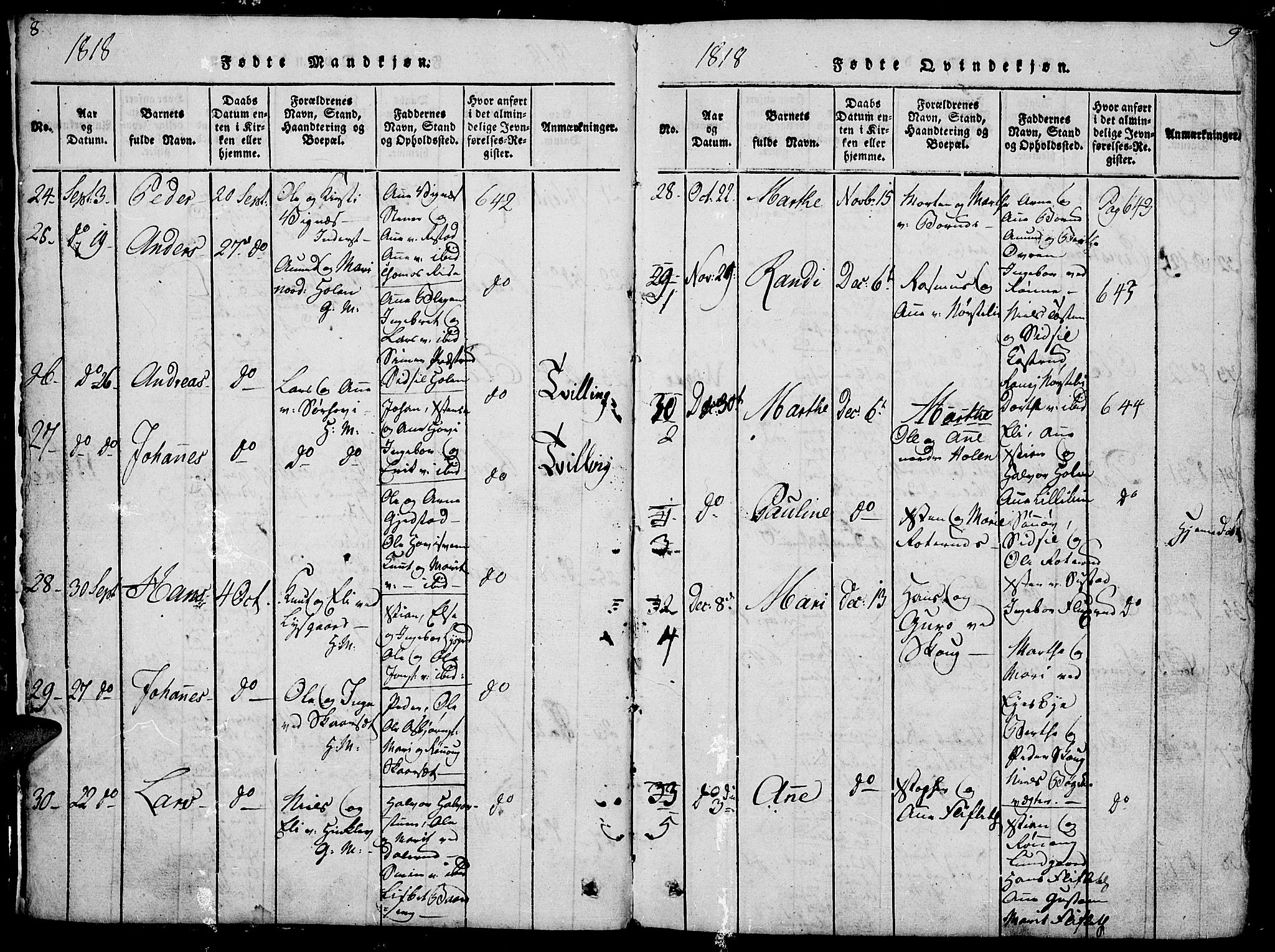 Fåberg prestekontor, SAH/PREST-086/H/Ha/Hab/L0004: Parish register (copy) no. 4, 1818-1837, p. 8-9