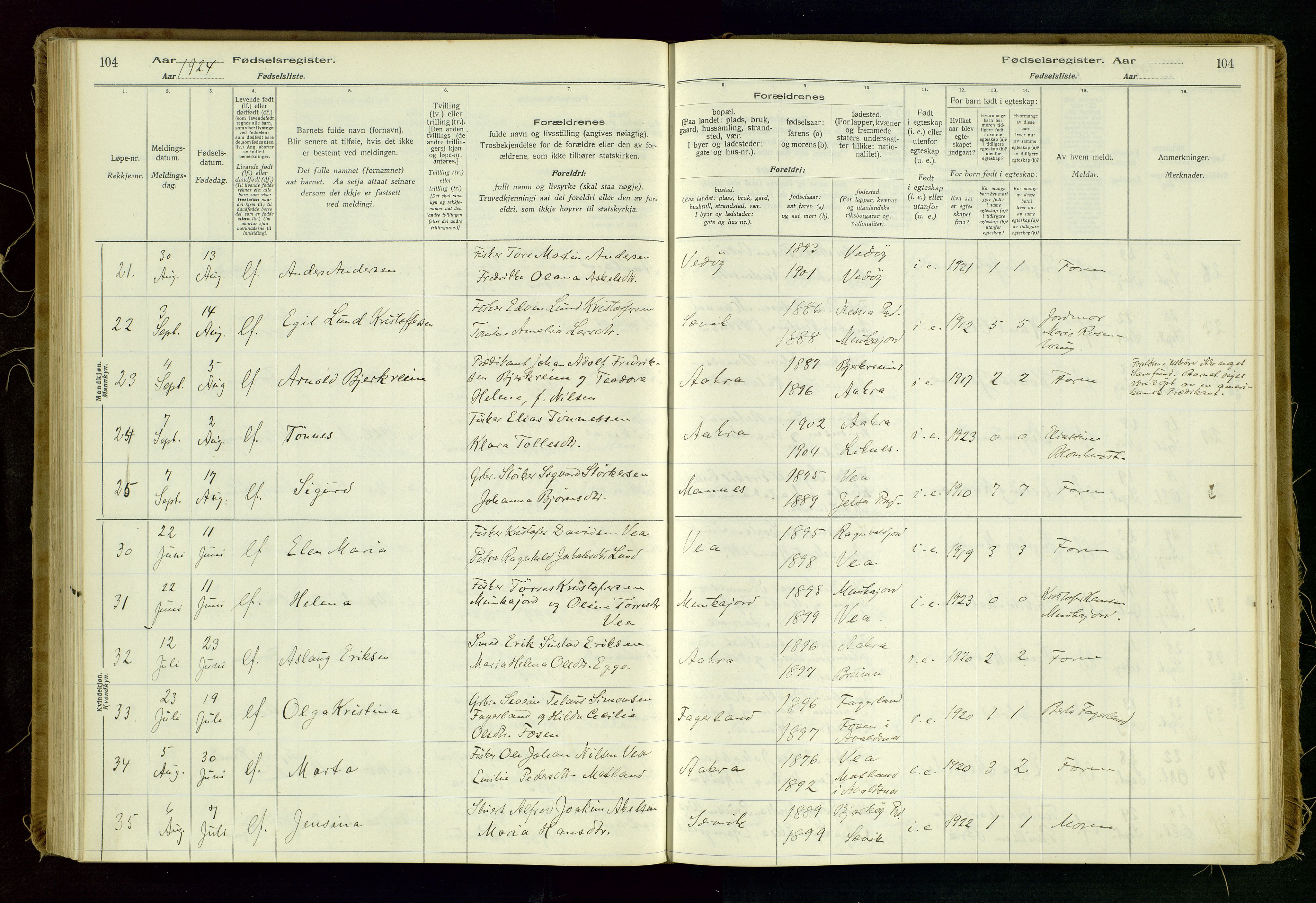 Kopervik sokneprestkontor, AV/SAST-A-101850/I/Id/L0006: Birth register no. 6, 1916-1934, p. 104