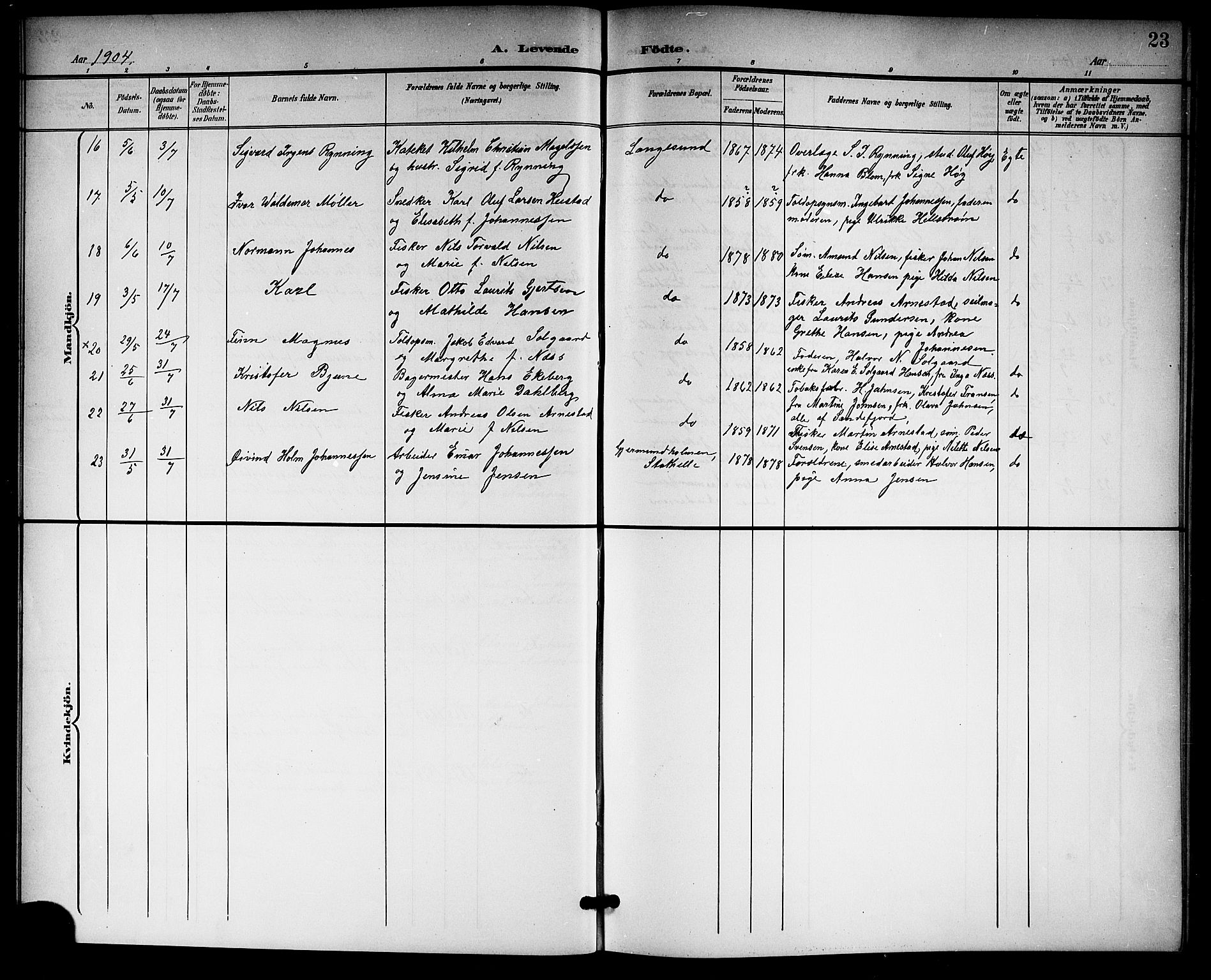 Langesund kirkebøker, AV/SAKO-A-280/G/Ga/L0006: Parish register (copy) no. 6, 1899-1918, p. 23