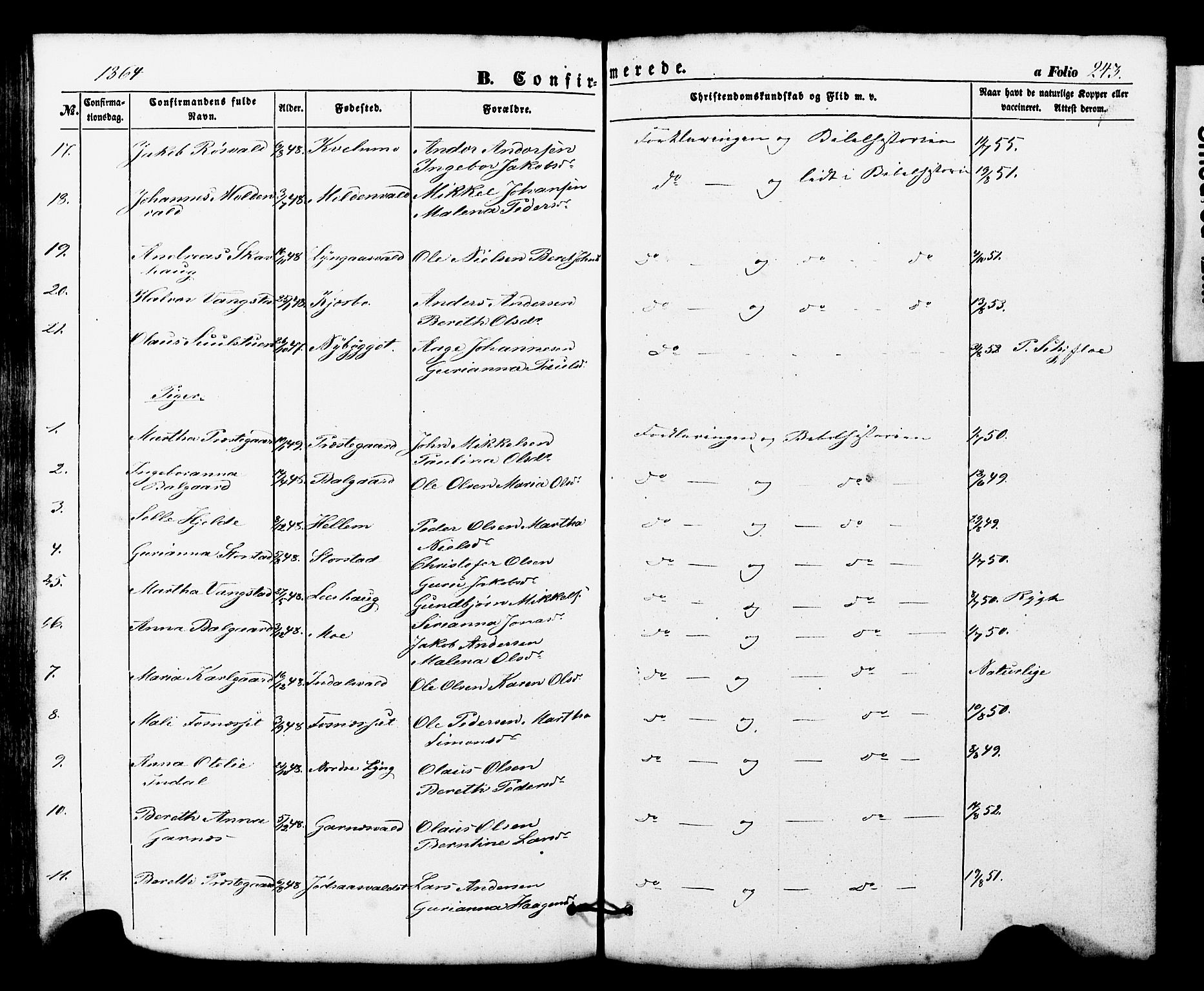 Ministerialprotokoller, klokkerbøker og fødselsregistre - Nord-Trøndelag, SAT/A-1458/724/L0268: Parish register (copy) no. 724C04, 1846-1878, p. 243