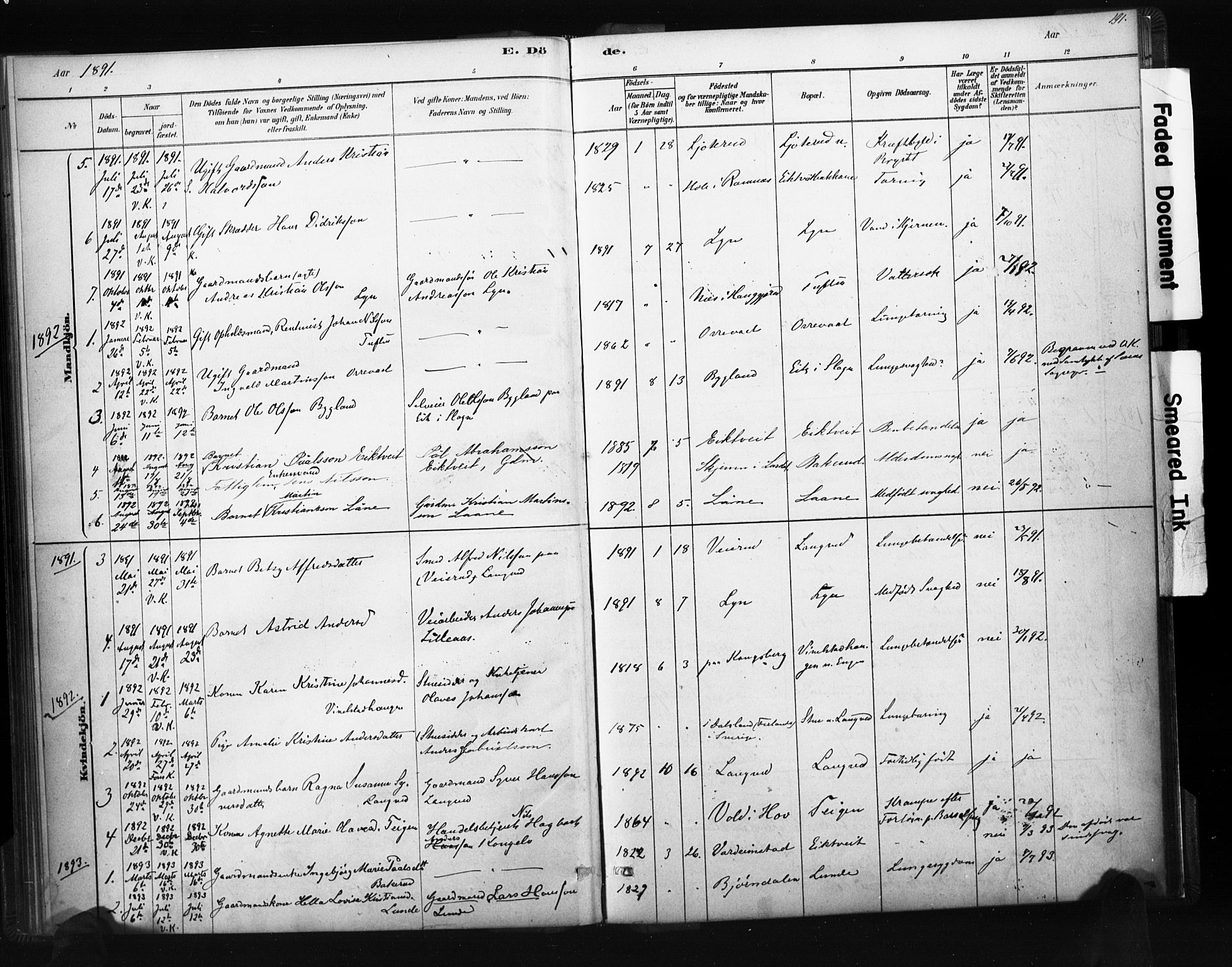 Ramnes kirkebøker, SAKO/A-314/F/Fc/L0001: Parish register (official) no. III 1, 1878-1899, p. 190-191