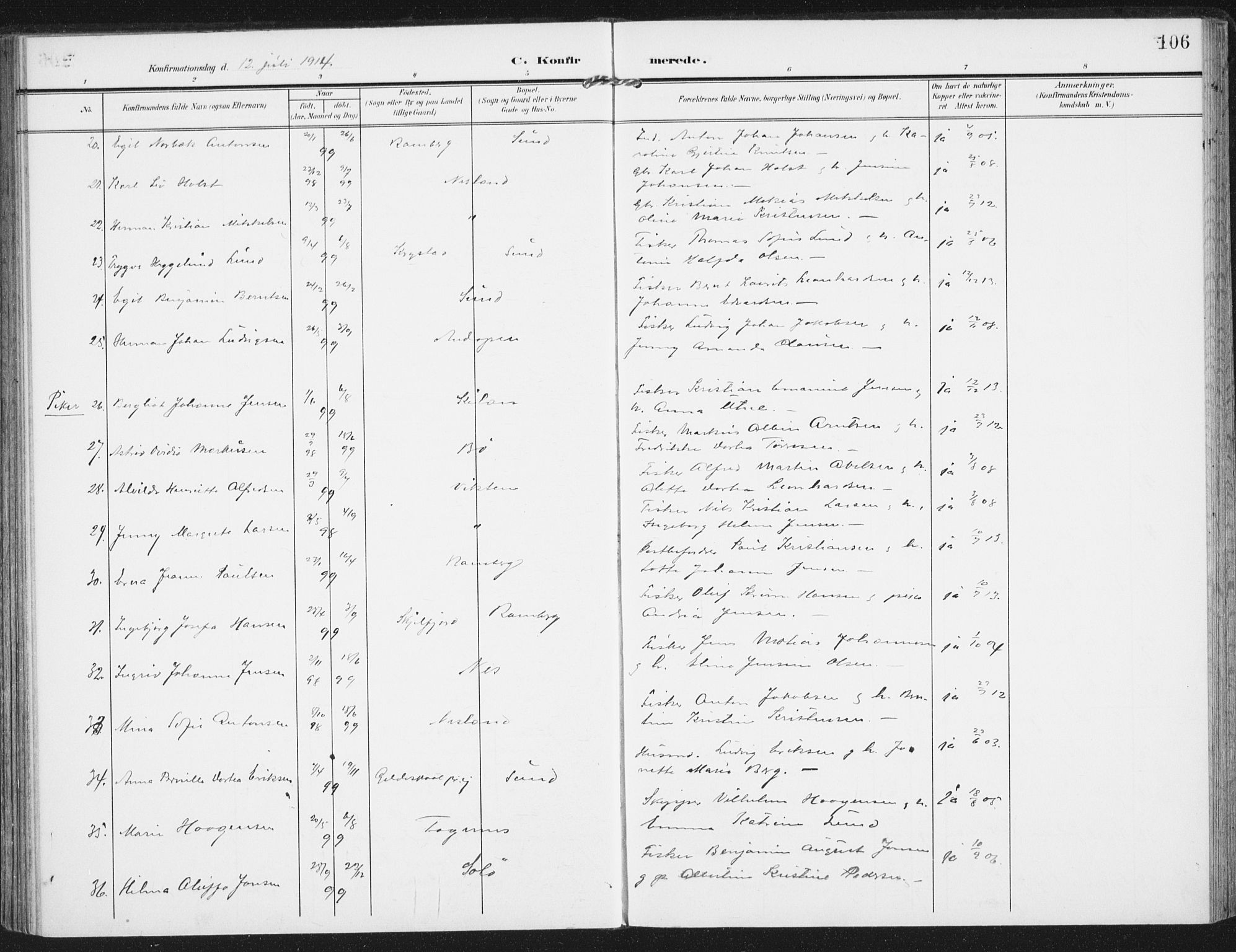 Ministerialprotokoller, klokkerbøker og fødselsregistre - Nordland, AV/SAT-A-1459/885/L1206: Parish register (official) no. 885A07, 1905-1915, p. 106