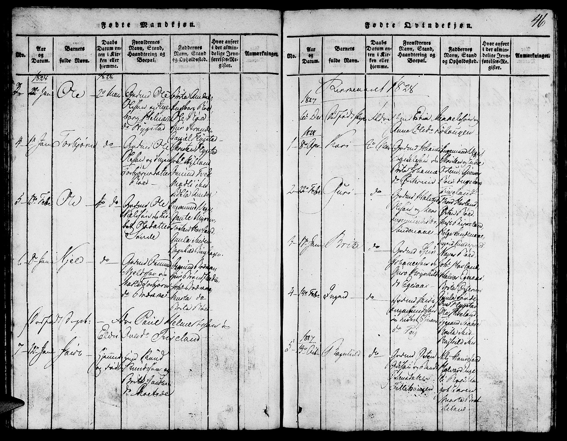 Suldal sokneprestkontor, AV/SAST-A-101845/01/V/L0002: Parish register (copy) no. B 2, 1816-1845, p. 46