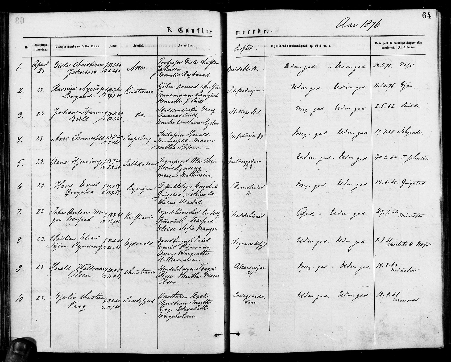 Gamle Aker prestekontor Kirkebøker, AV/SAO-A-10617a/F/L0005: Parish register (official) no. 5, 1873-1881, p. 64