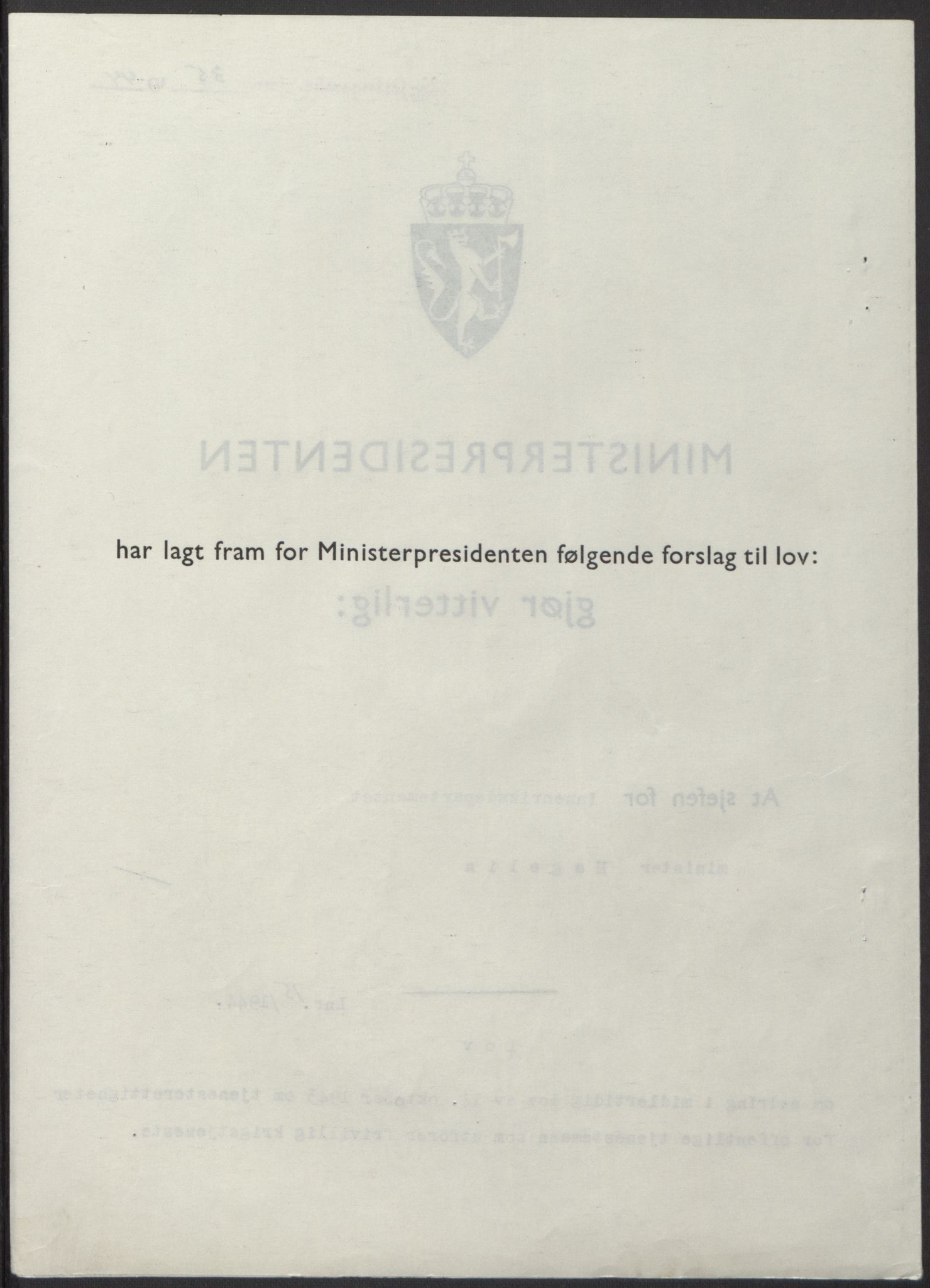 NS-administrasjonen 1940-1945 (Statsrådsekretariatet, de kommisariske statsråder mm), AV/RA-S-4279/D/Db/L0100: Lover, 1944, p. 65