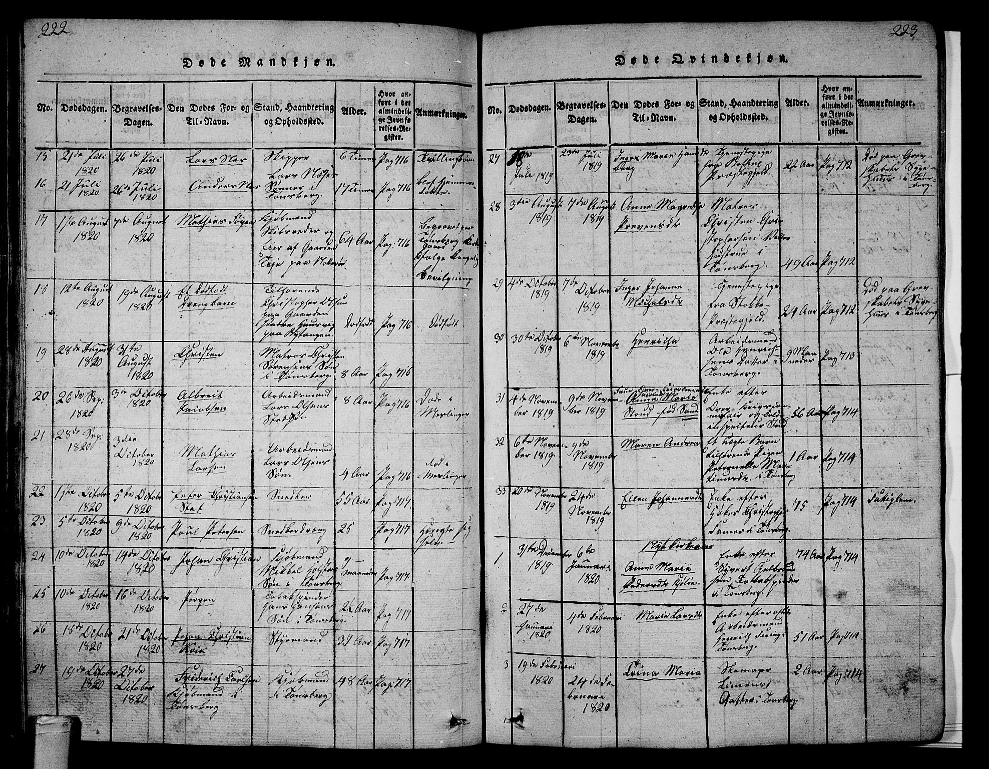 Tønsberg kirkebøker, SAKO/A-330/G/Ga/L0001: Parish register (copy) no. 1, 1813-1826, p. 222-223