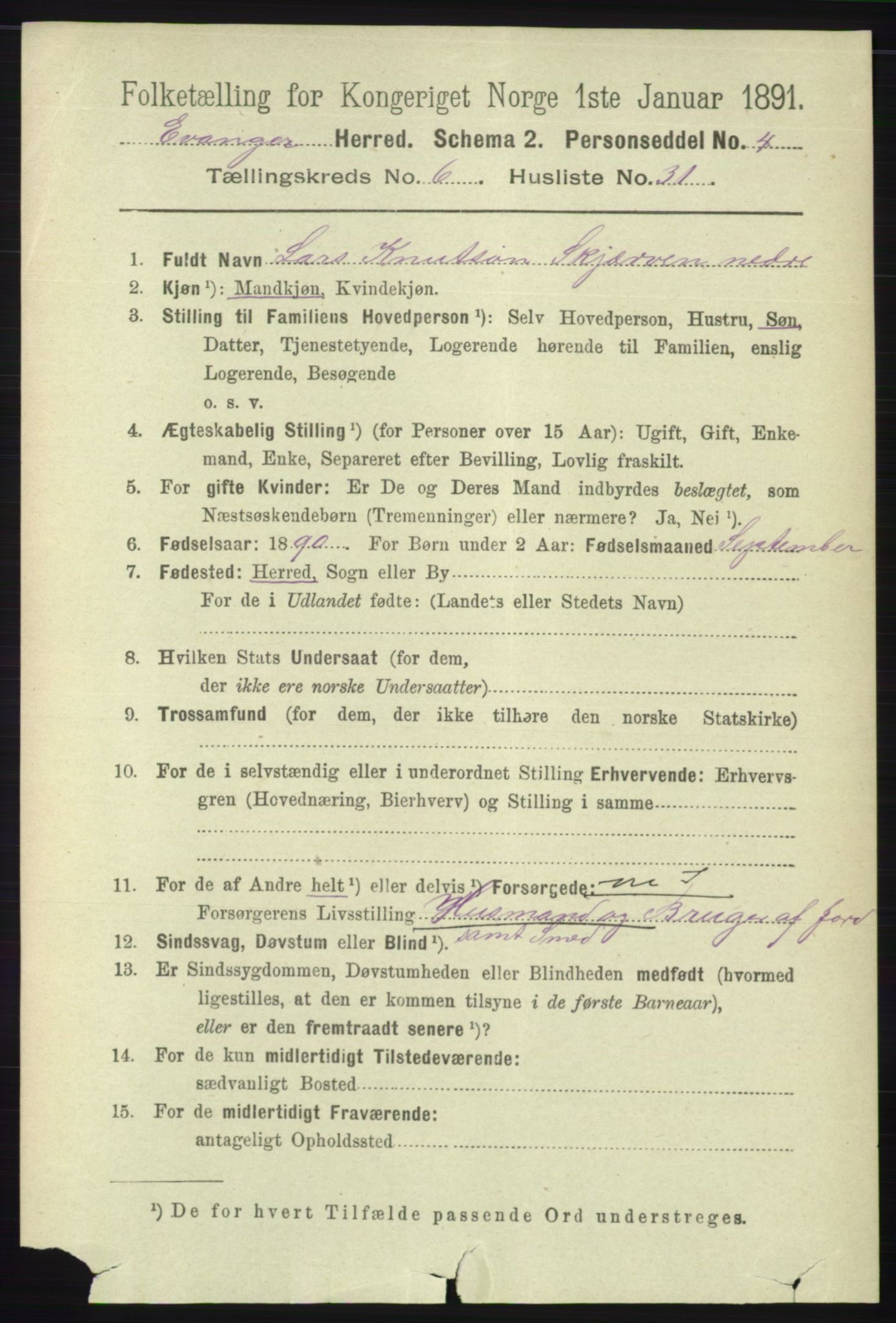 RA, 1891 census for 1237 Evanger, 1891, p. 1808