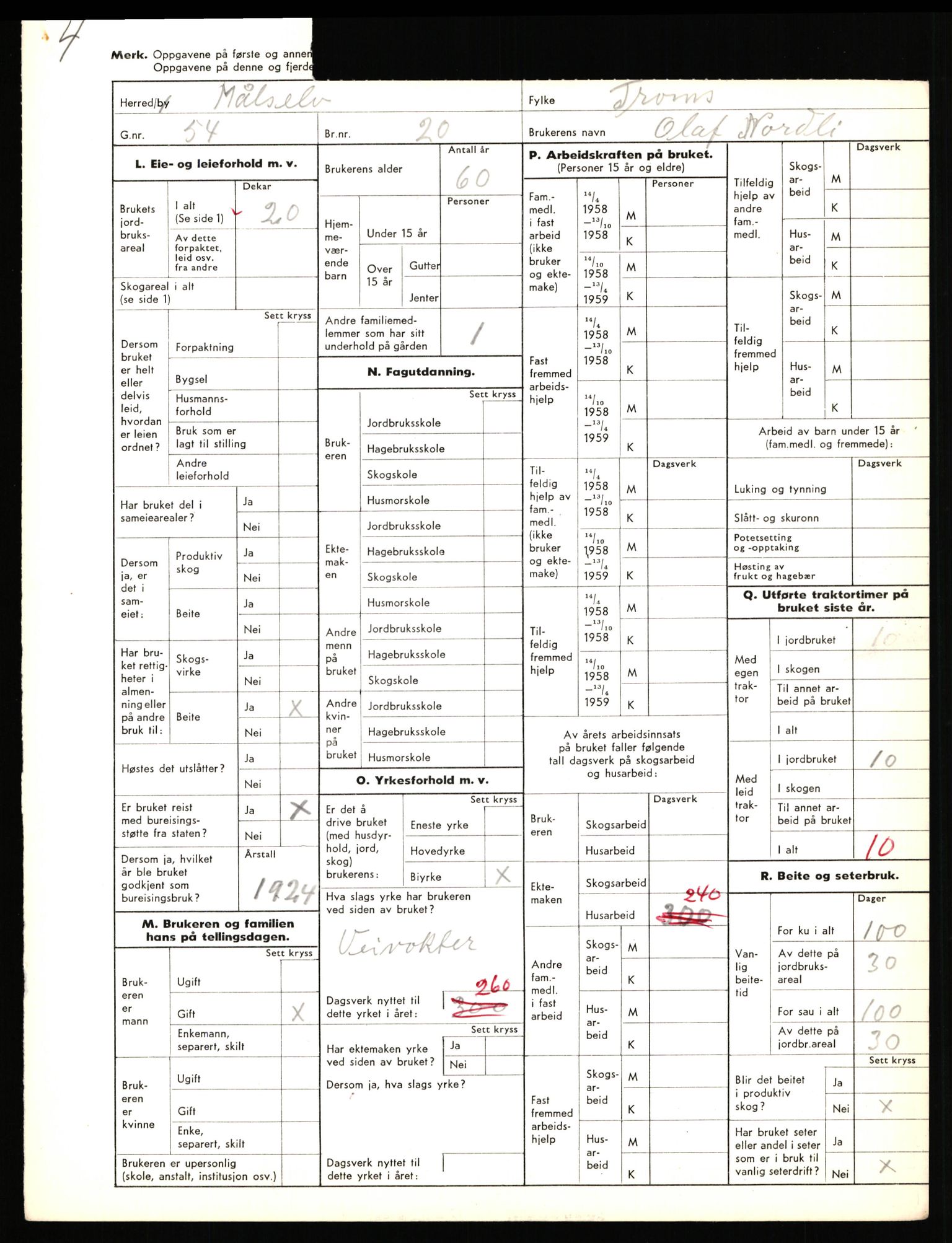 Statistisk sentralbyrå, Næringsøkonomiske emner, Jordbruk, skogbruk, jakt, fiske og fangst, AV/RA-S-2234/G/Gd/L0656: Troms: 1924 Målselv (kl. 0-3) og 1925 Sørreisa, 1959, p. 12