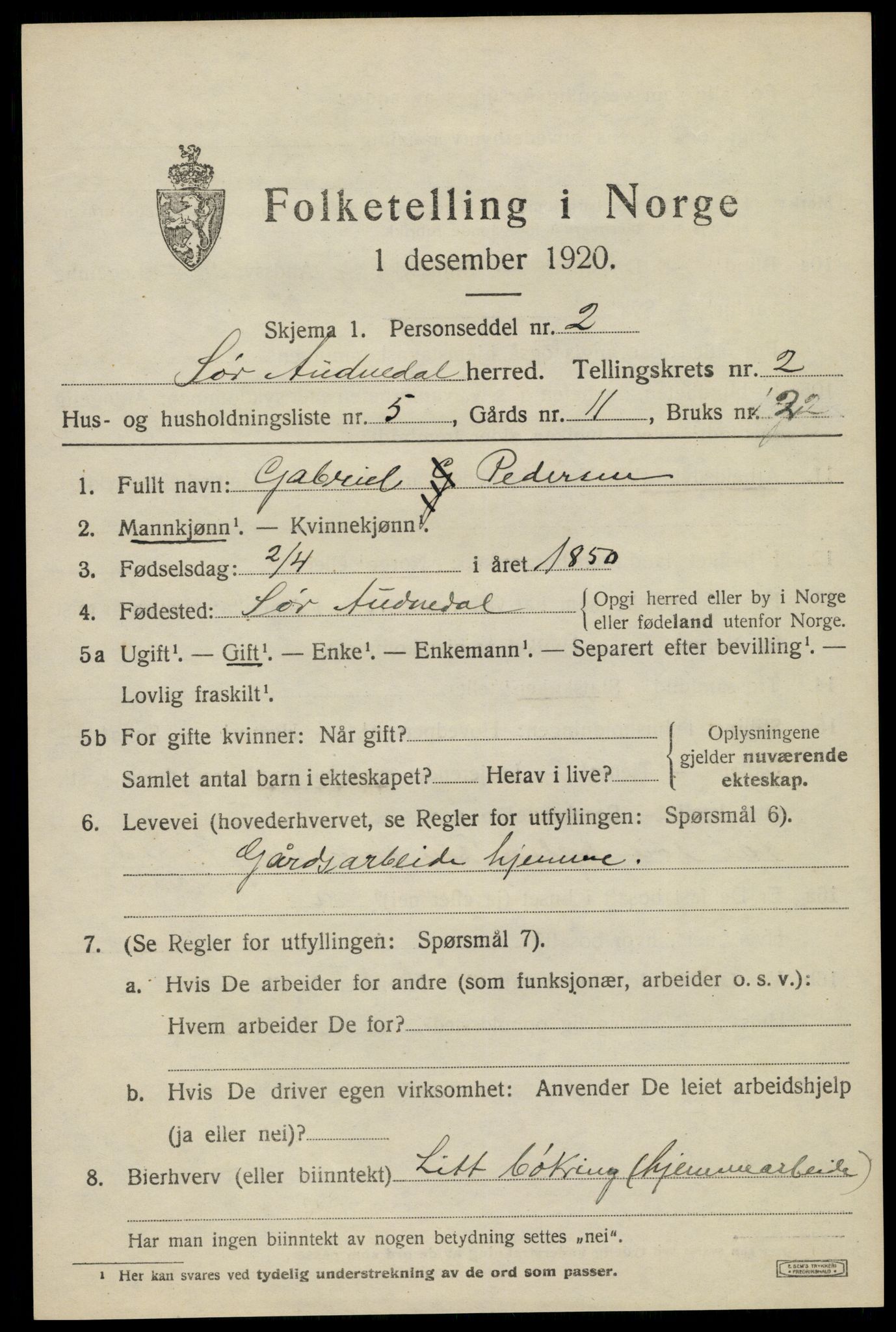SAK, 1920 census for Sør-Audnedal, 1920, p. 1629