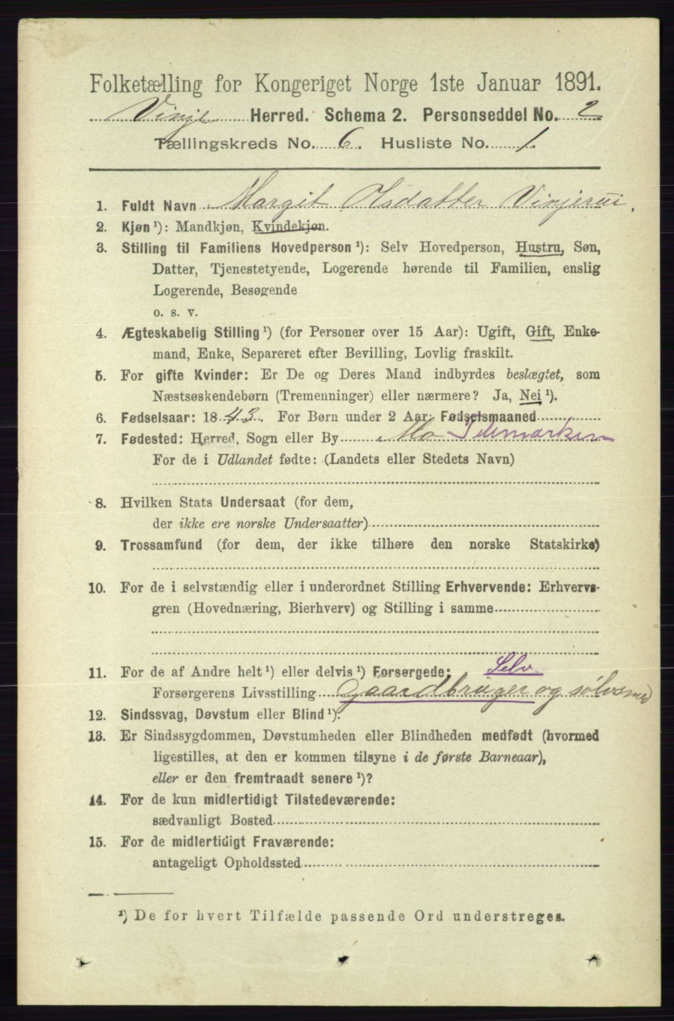 RA, 1891 census for 0834 Vinje, 1891, p. 1412