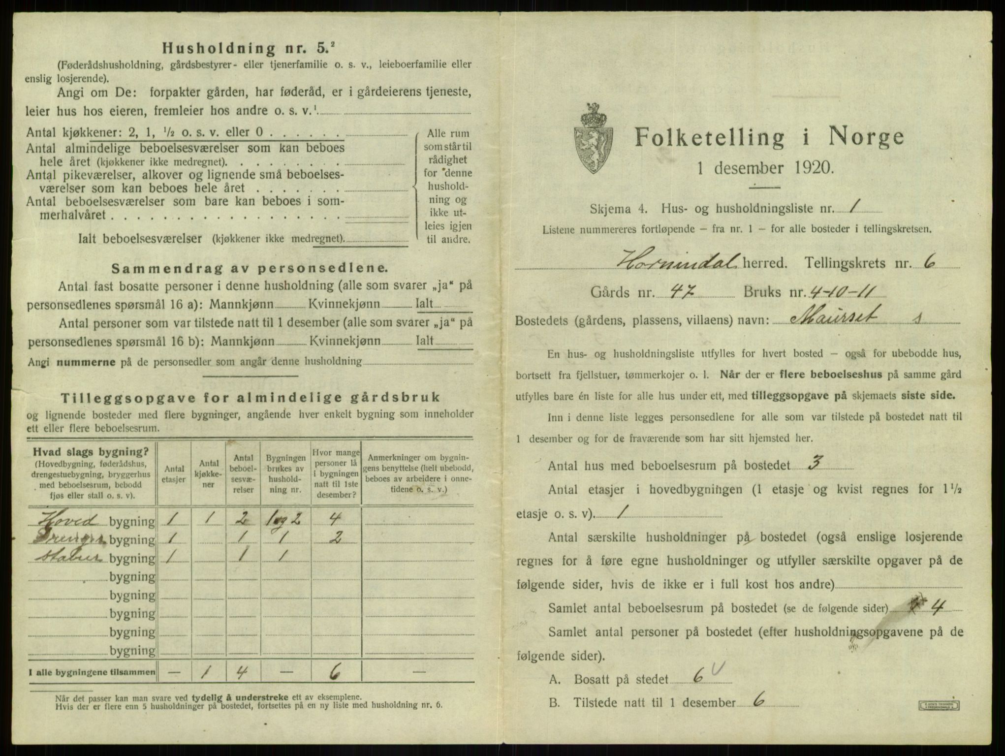 SAB, 1920 census for Hornindal, 1920, p. 428