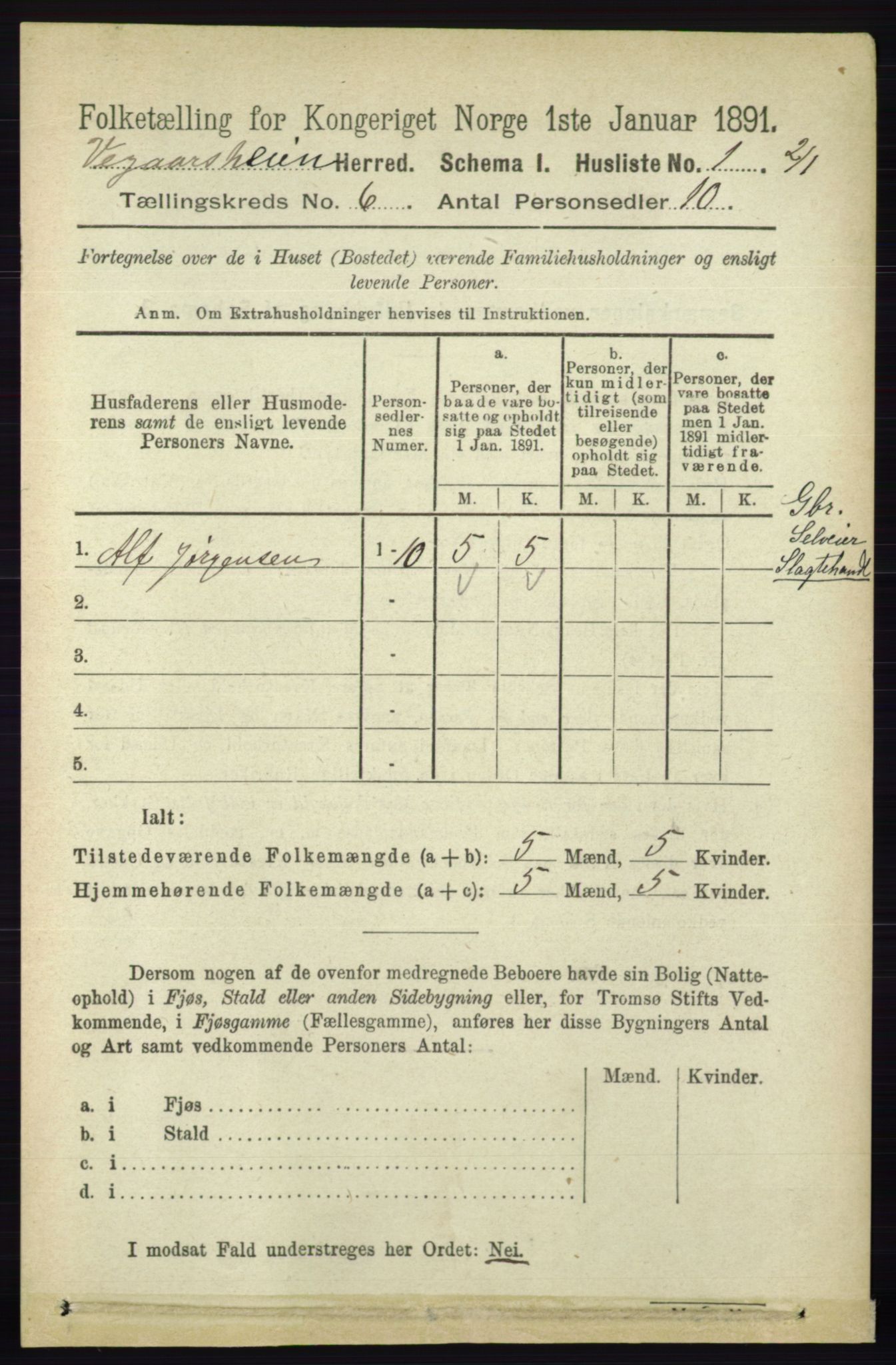 RA, 1891 census for 0912 Vegårshei, 1891, p. 1142