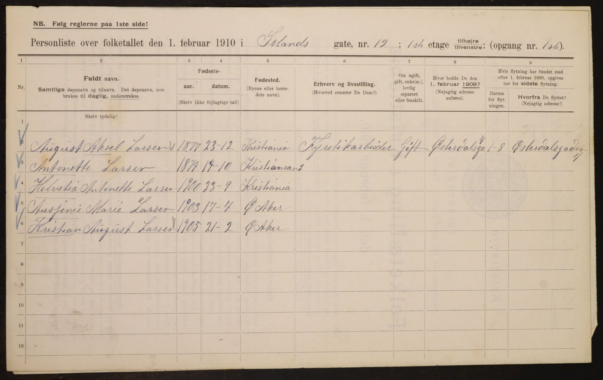 OBA, Municipal Census 1910 for Kristiania, 1910, p. 43569