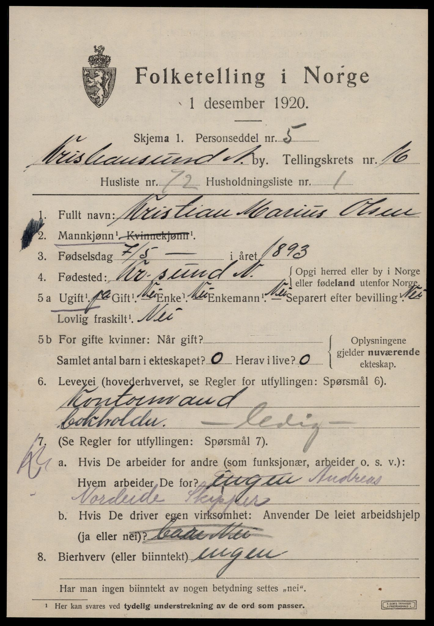 SAT, 1920 census for Kristiansund, 1920, p. 35451